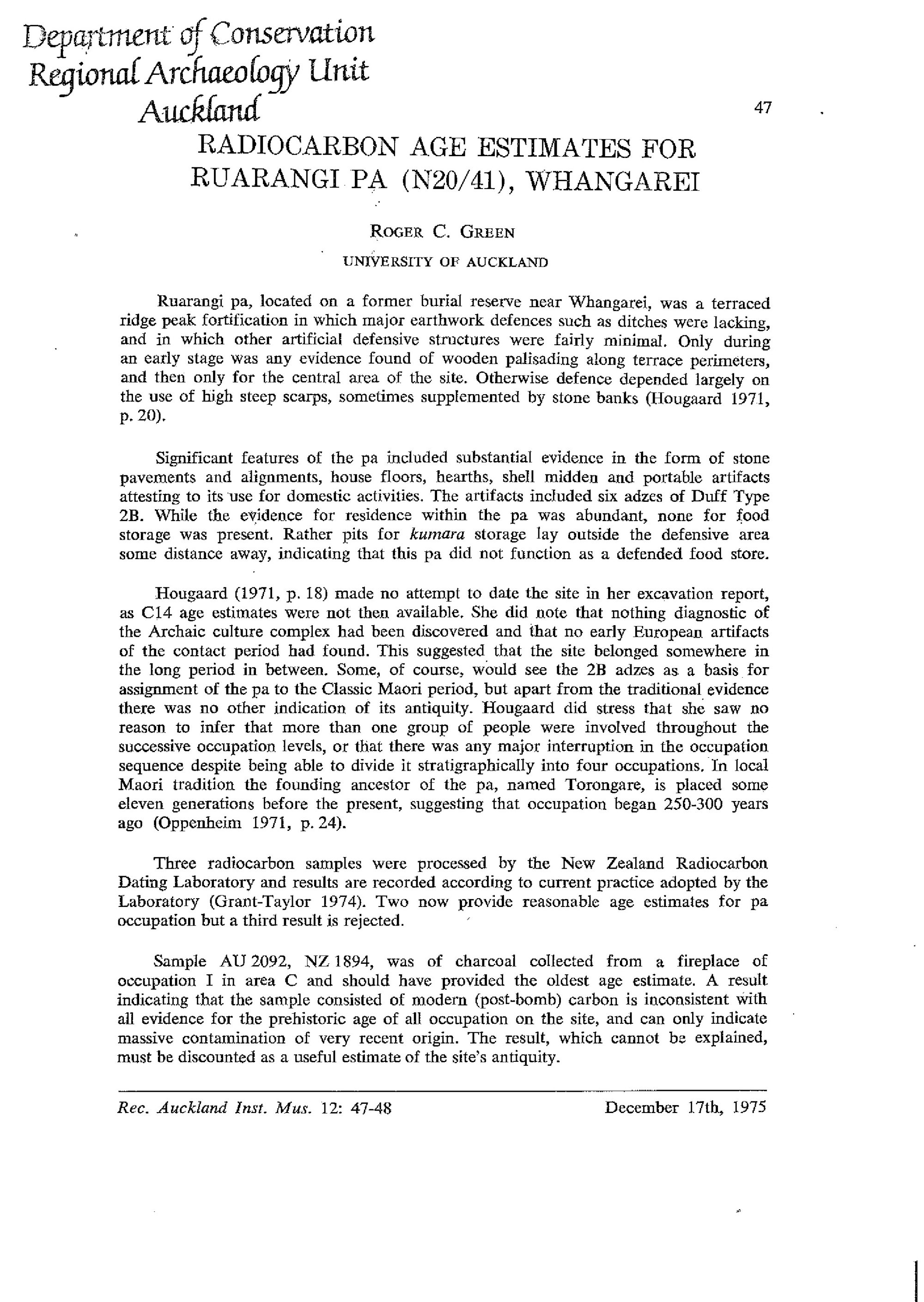 Radiocarbon age estimates for Ruarangi Pa (N20-41), Whangarei