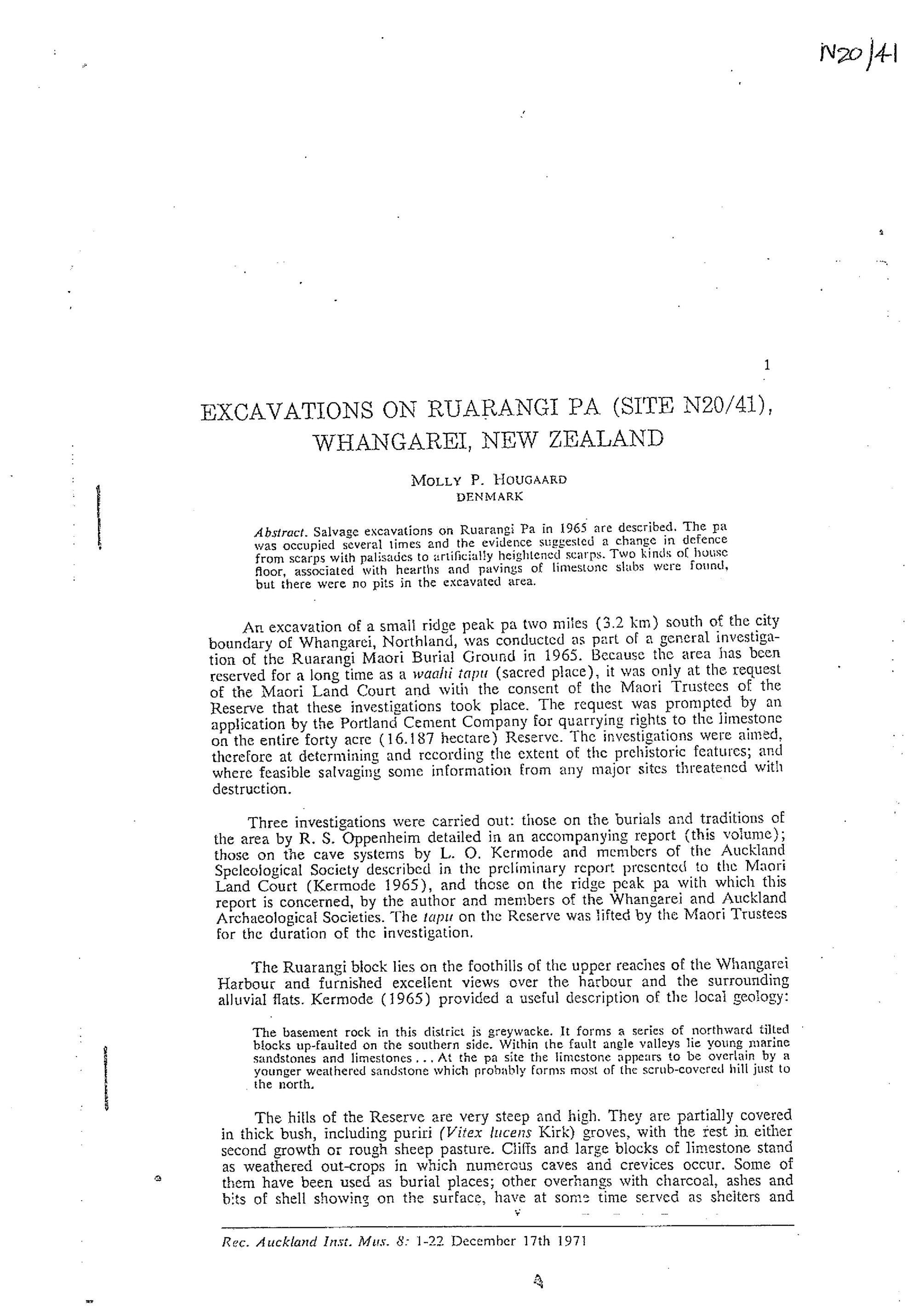 Excavations on Ruarangi Pa (site N20-41), Whangarei NZ
