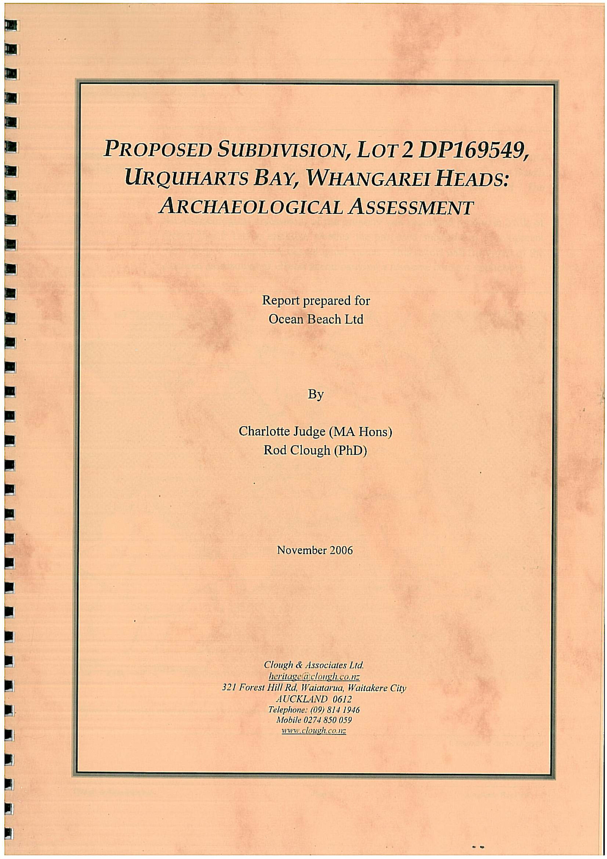 Proposed subdivision lot 2 DP169549, Urquharts Bay, Whangarei Heads. Archaeological assessment