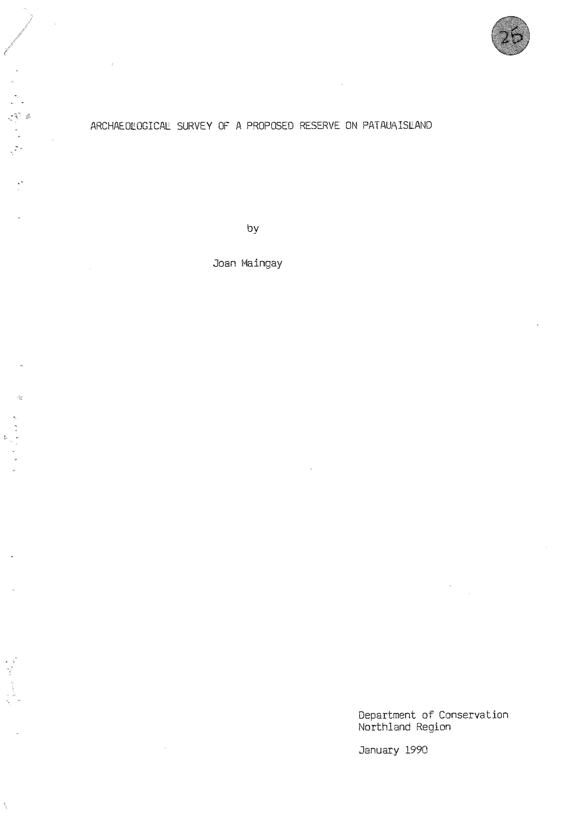 Archaeological survey of a proposed scenic reserve on Pataua Island
