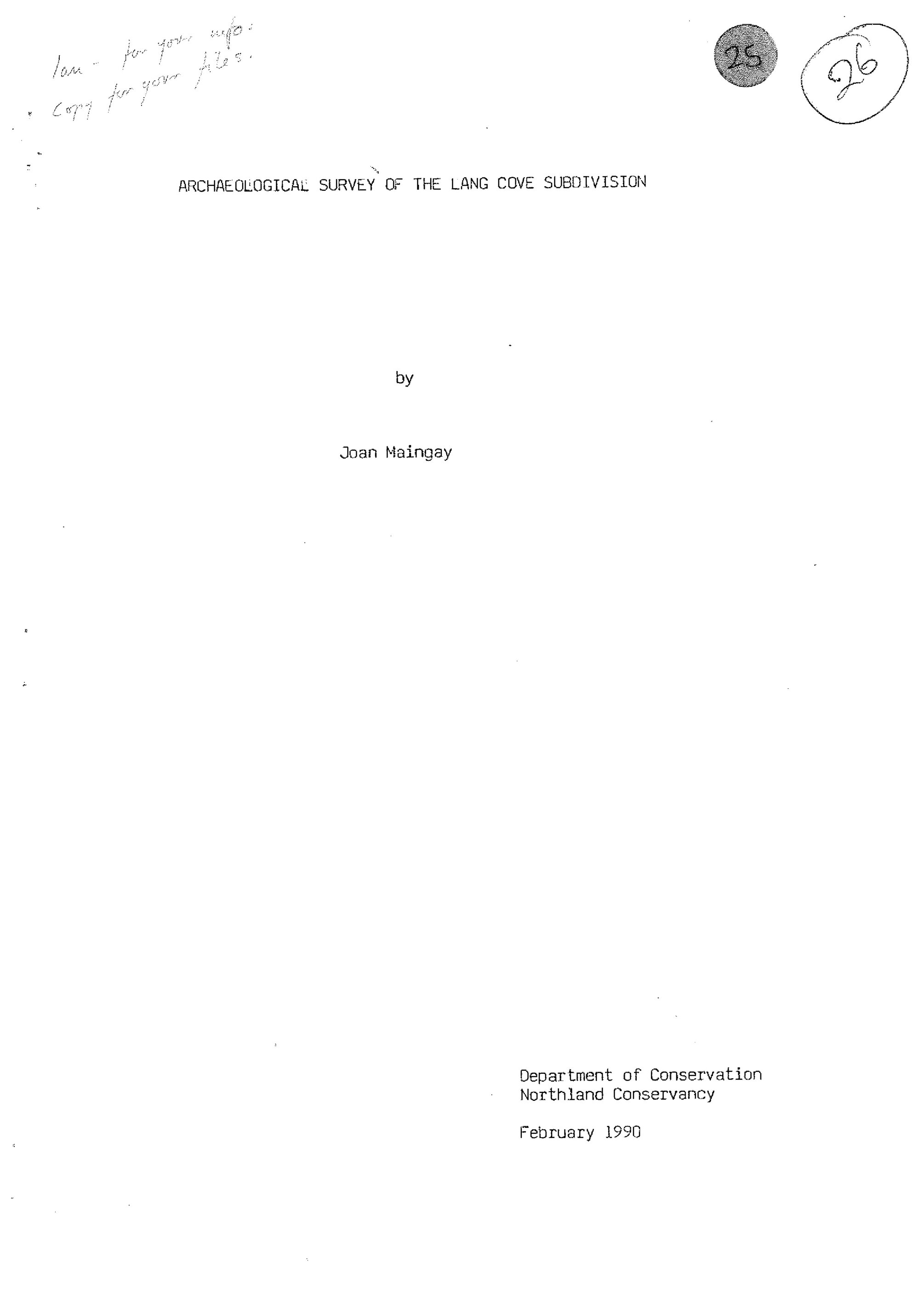 Archaeological survey of the Lang Cove subdivision.
