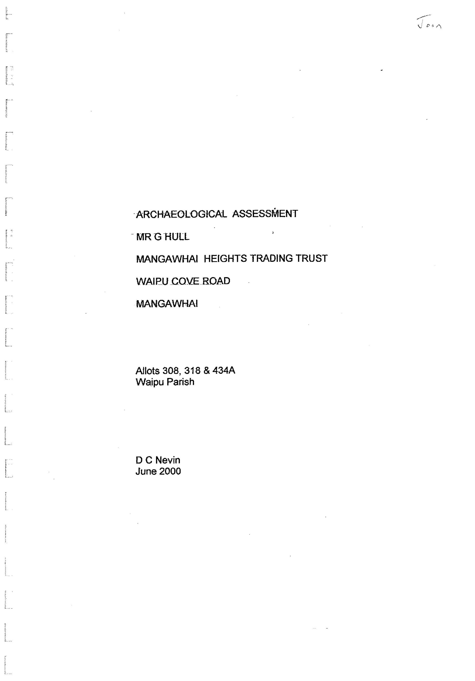 Archaeological assessment Mangawhai Heights Trading Trust, Waipu Cove Rd, Mangawhai