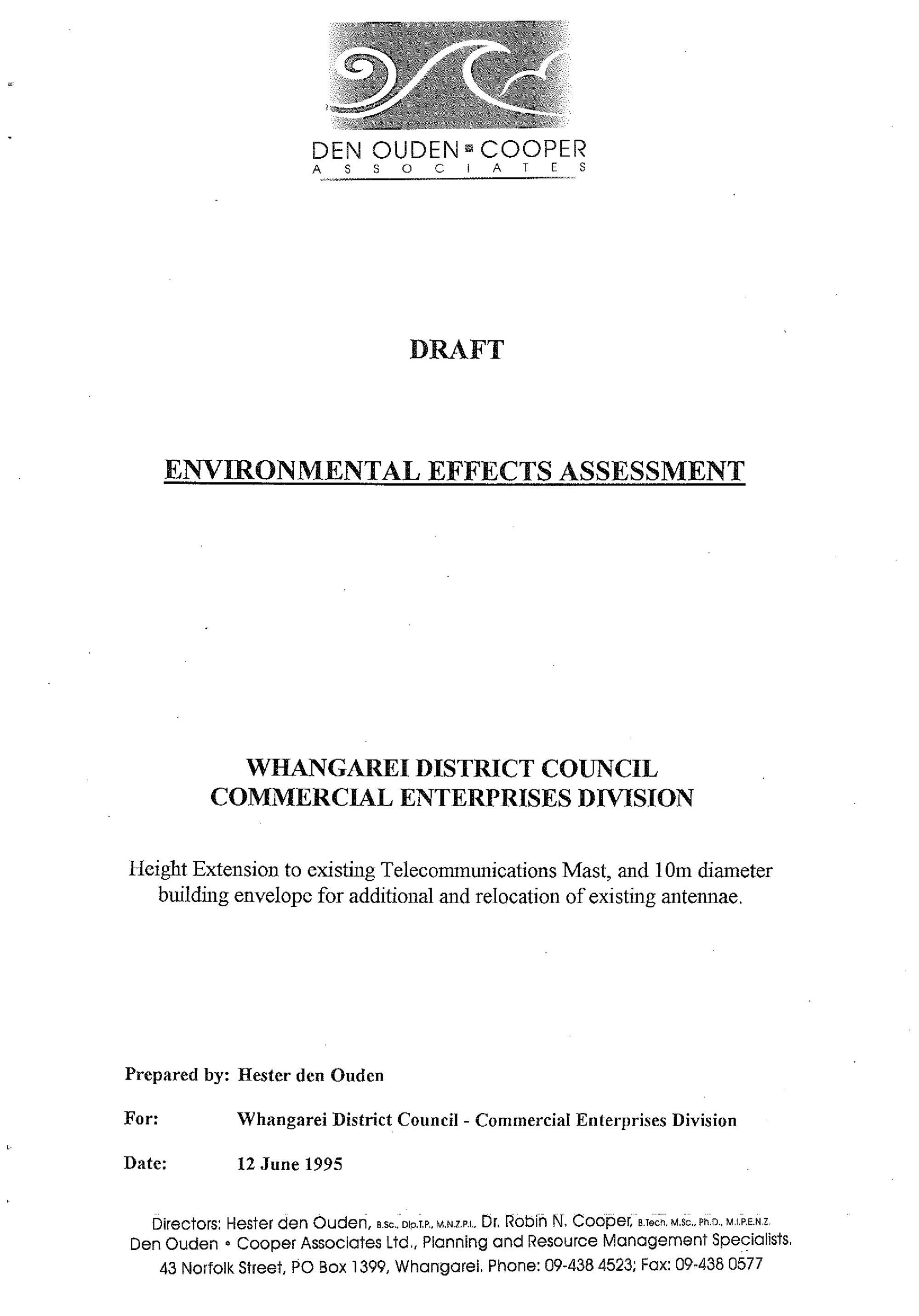 Draft Environmental effects assessment. Height estension to existing telecommunications mast. Mount Parahaki