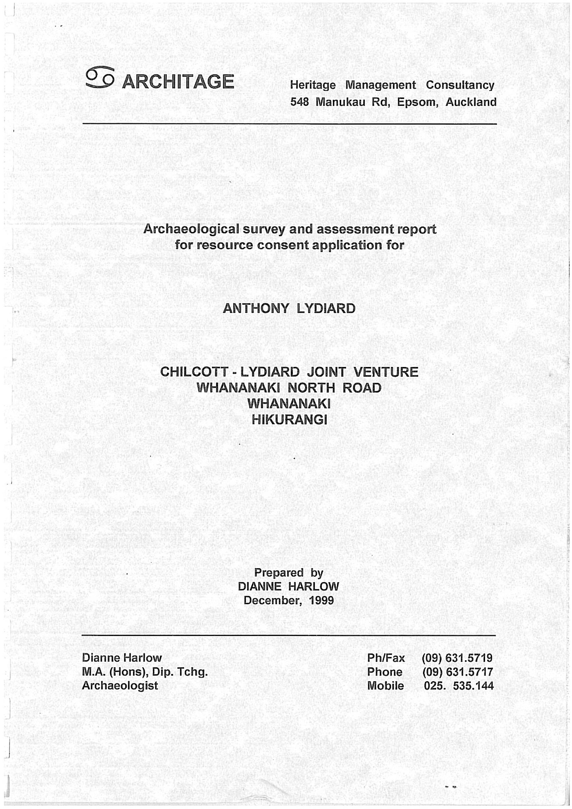 Archaeological survey and assessment report for resource consent application for Whananaki North Road