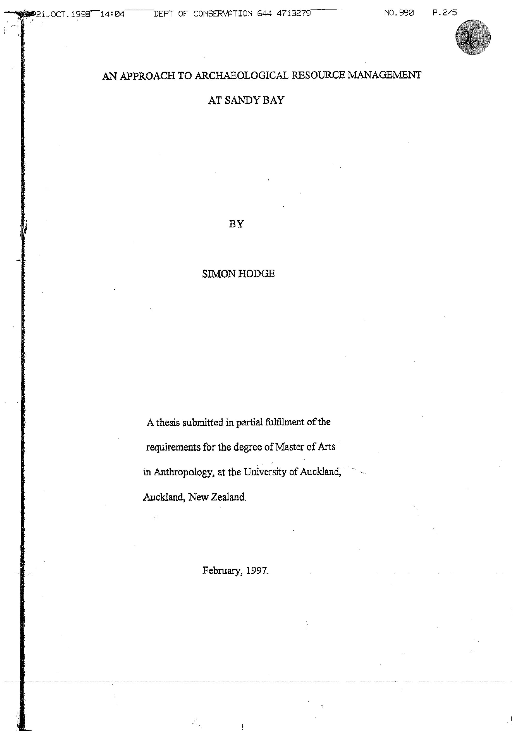 An approach to archaeological resource management at Sandy Bay