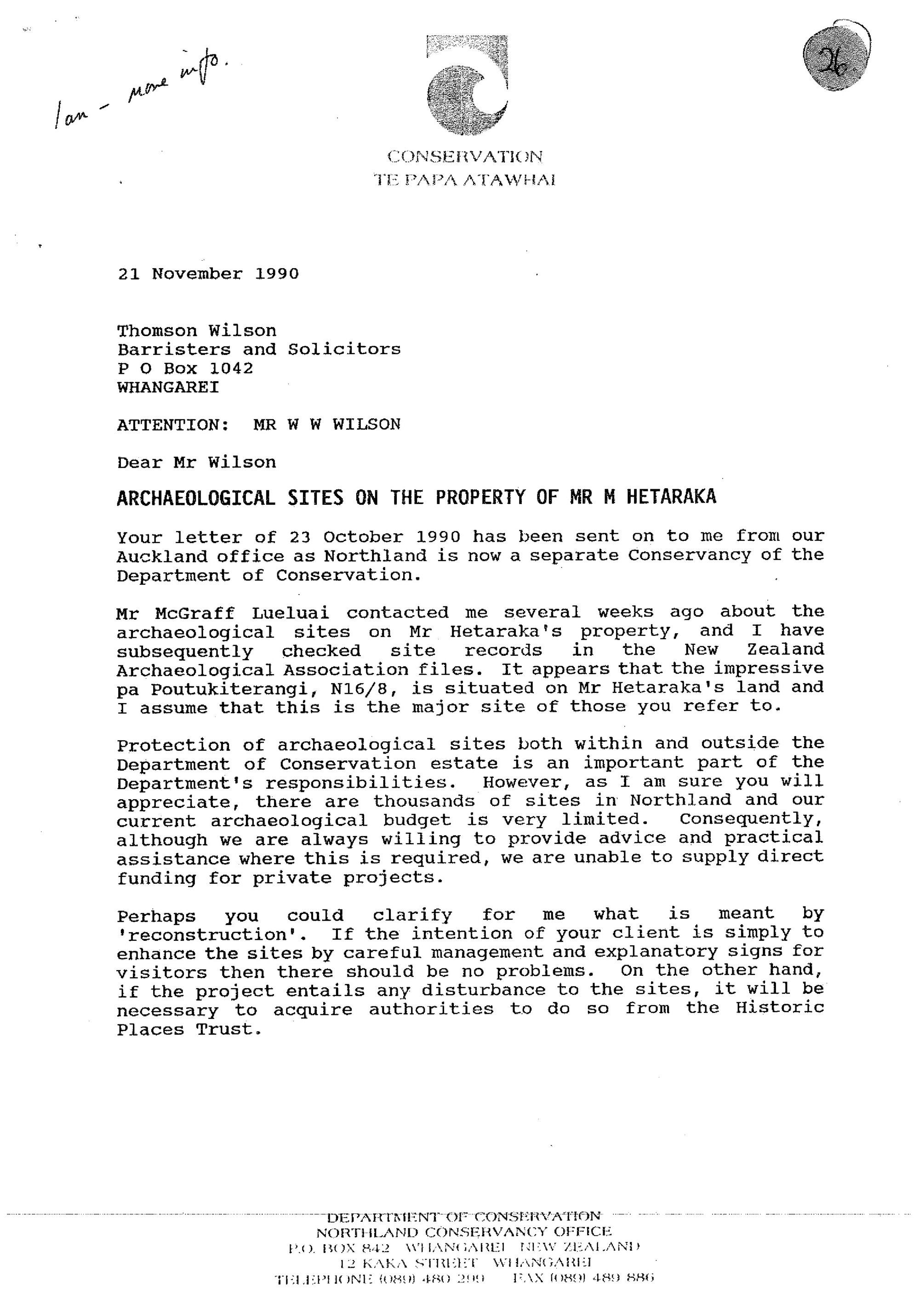 Correspondence re Archaeological sites on the property of Mr M Hetaraka. Poutukiterangi Pa N16-8