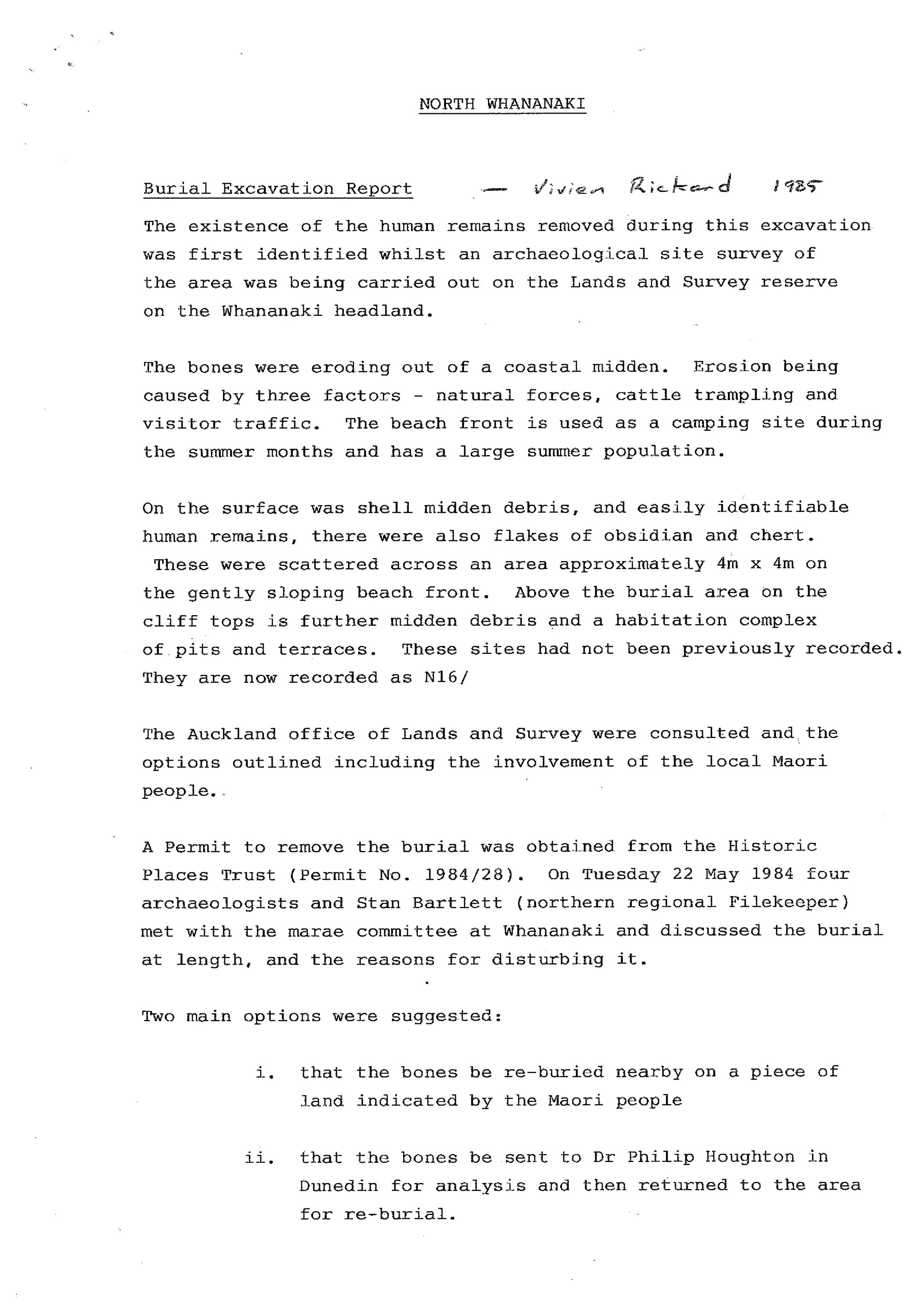  North Whananaki. Burial Excavation Report