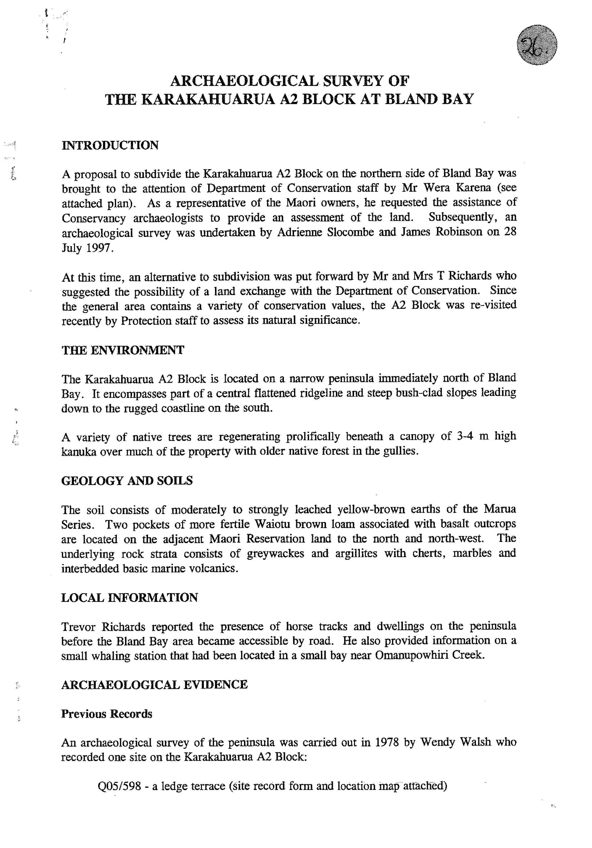 Archaeological survey of the Karakahuarua A2 block at Bland Bay