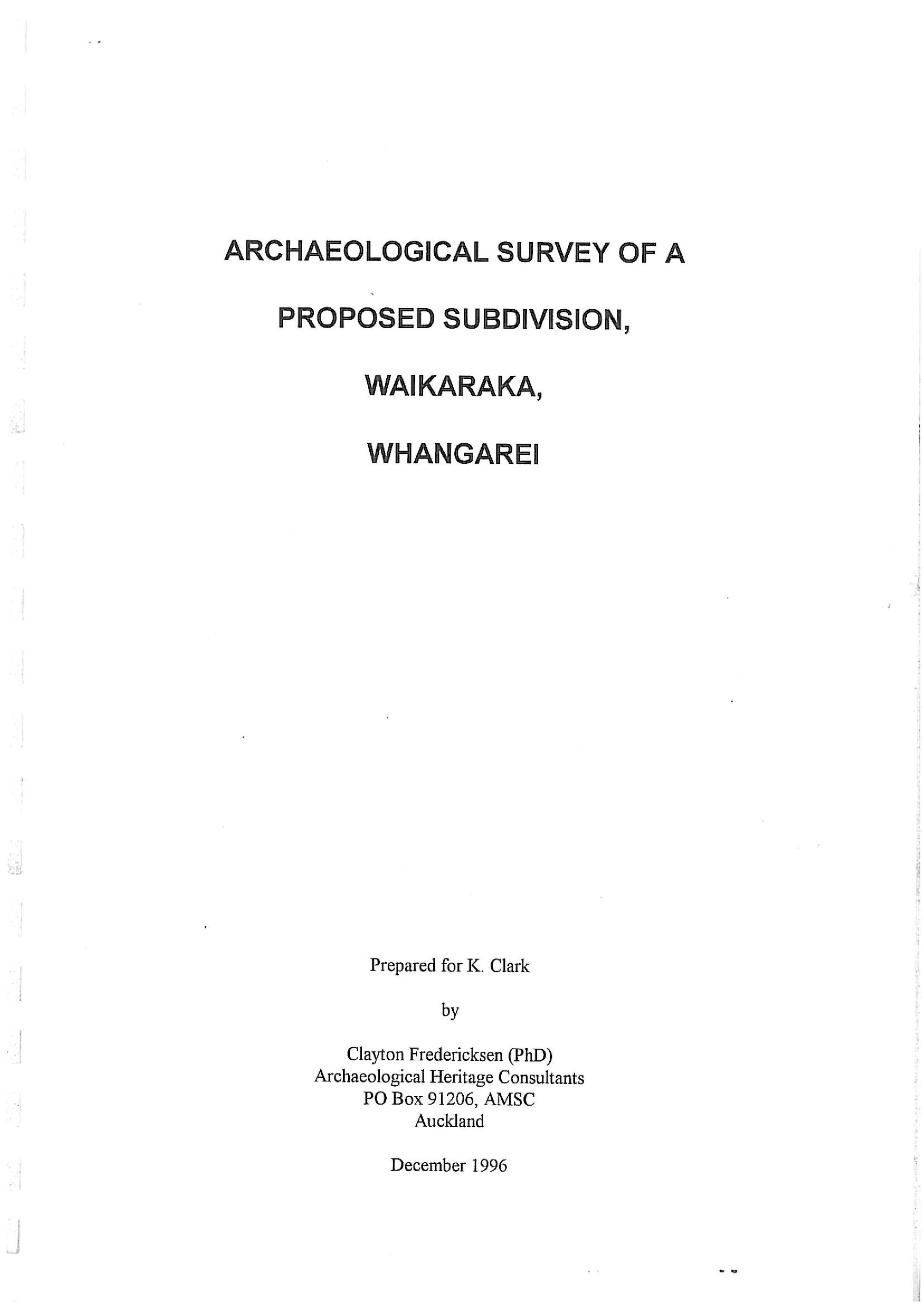 Archaeological survey of a proposed subdivision, Waikaraka, Whangarei
