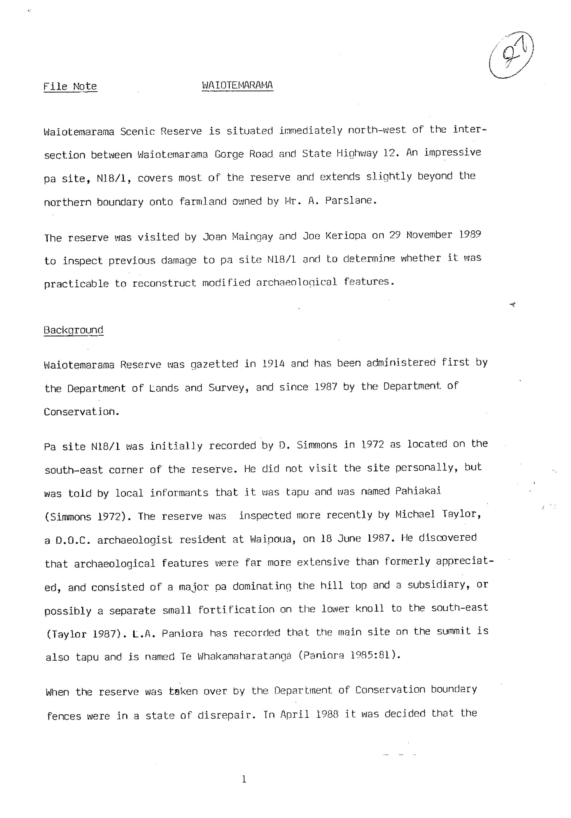 Filenote. Waiotemarama Scenic Reserve