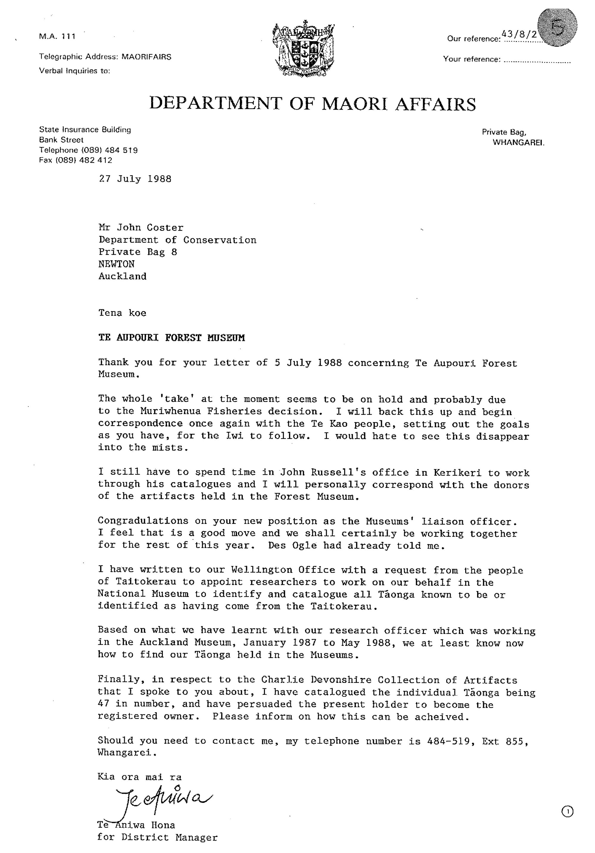 Corresondence between DOC and Dept of Maori Affairs re Te Aupouri Forest Museum
