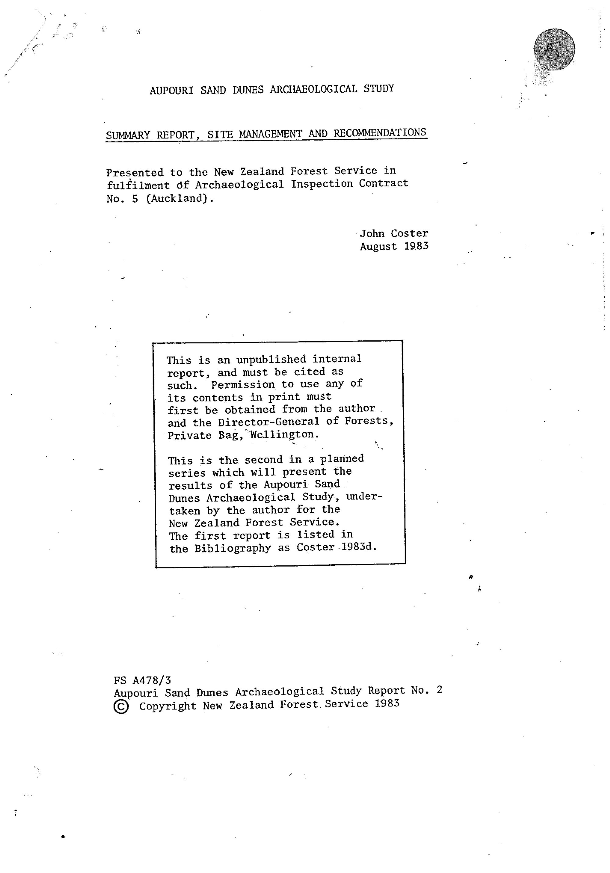 Aupouri sand dunes archaeological study: Summary Report, site management and recommendations