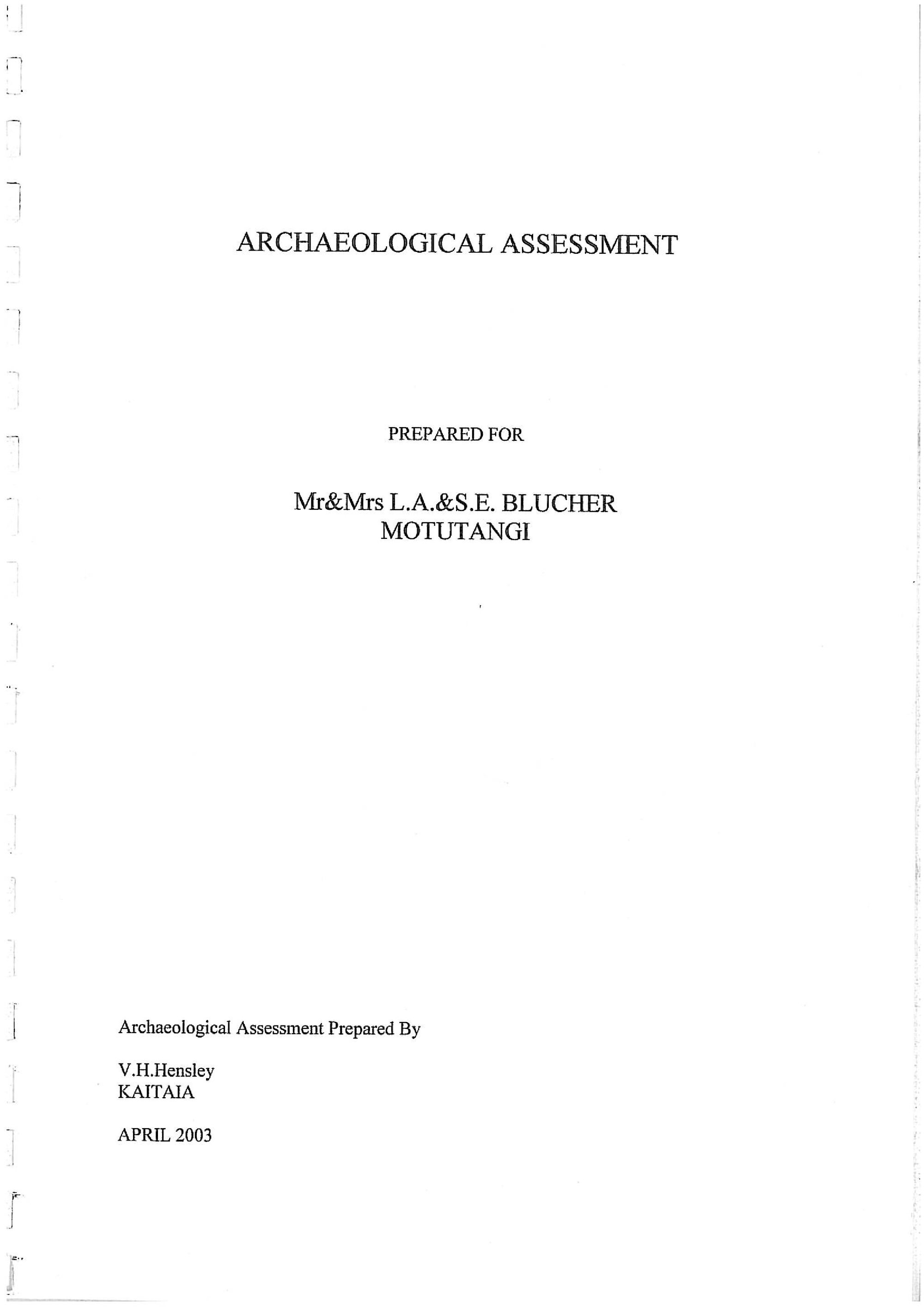 Archaeological Assessment of Proposed Boundary Adjustment prepared for L &amp; S Blucher
