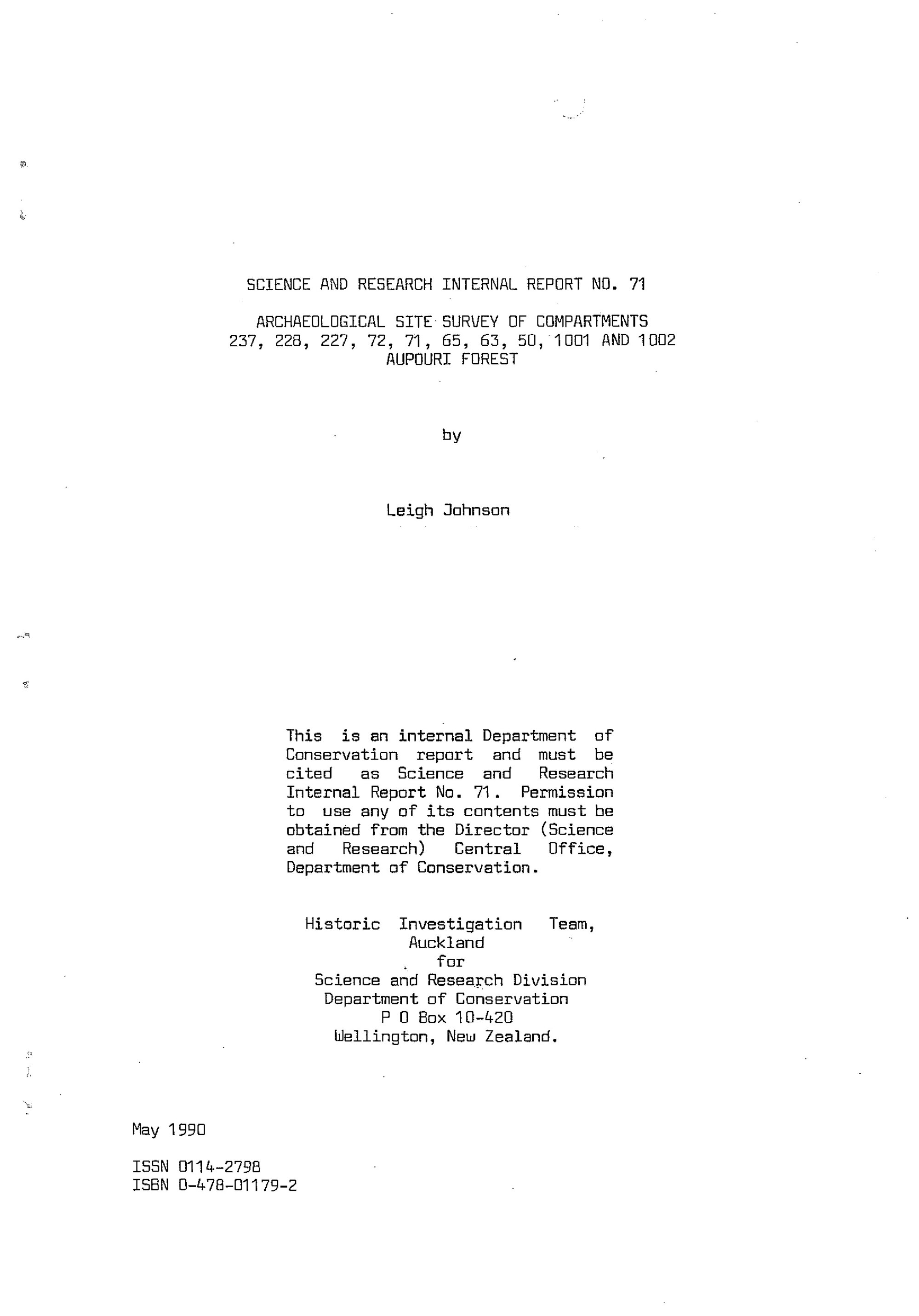 Archaeological site survey of compartments 237, 228, 227, 72, 71, 65, 63, 50, 1001, 1002 Aupouri Forest