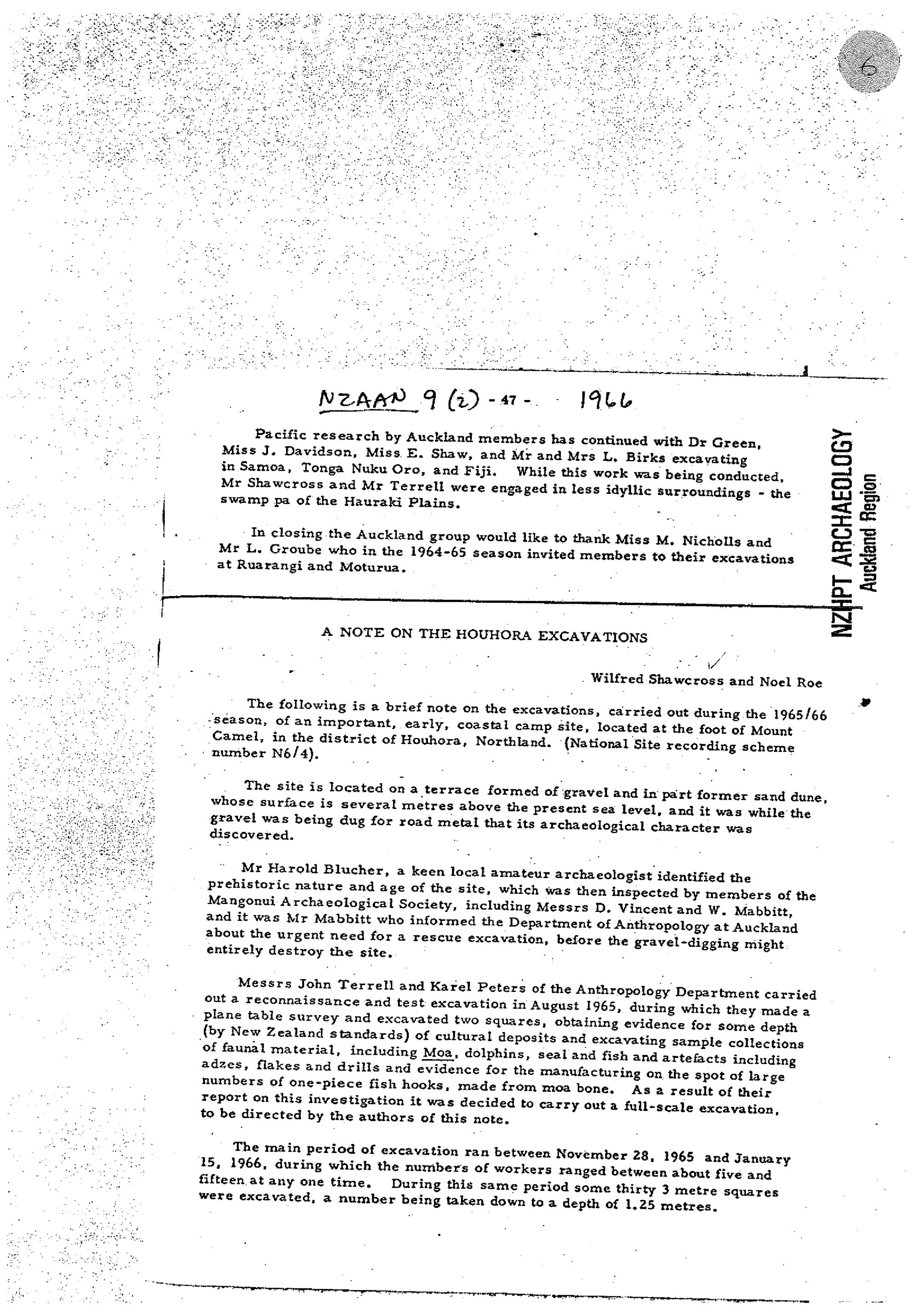 A note on the Houhora Excavations