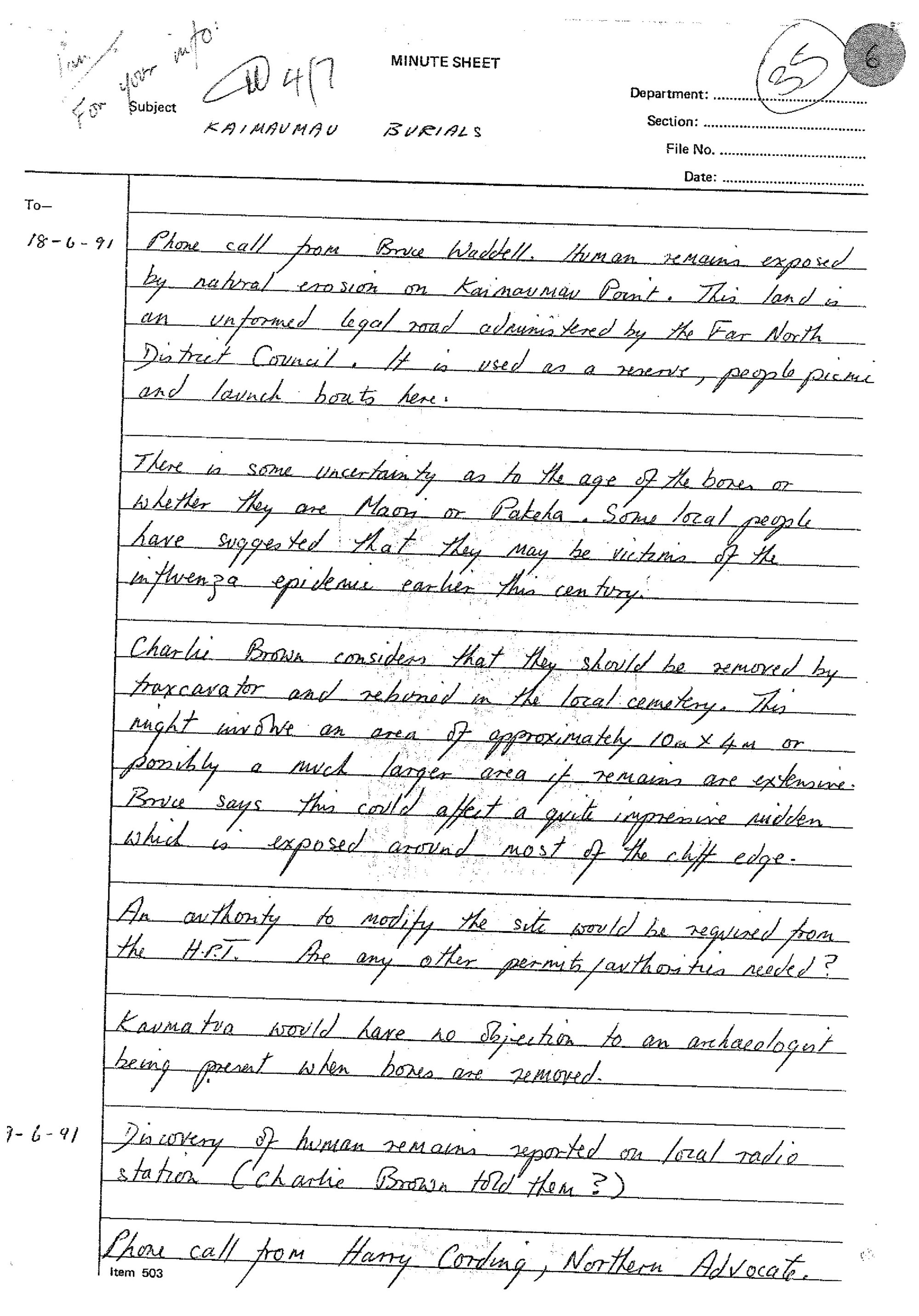 Kaimaumau Burials - Notes