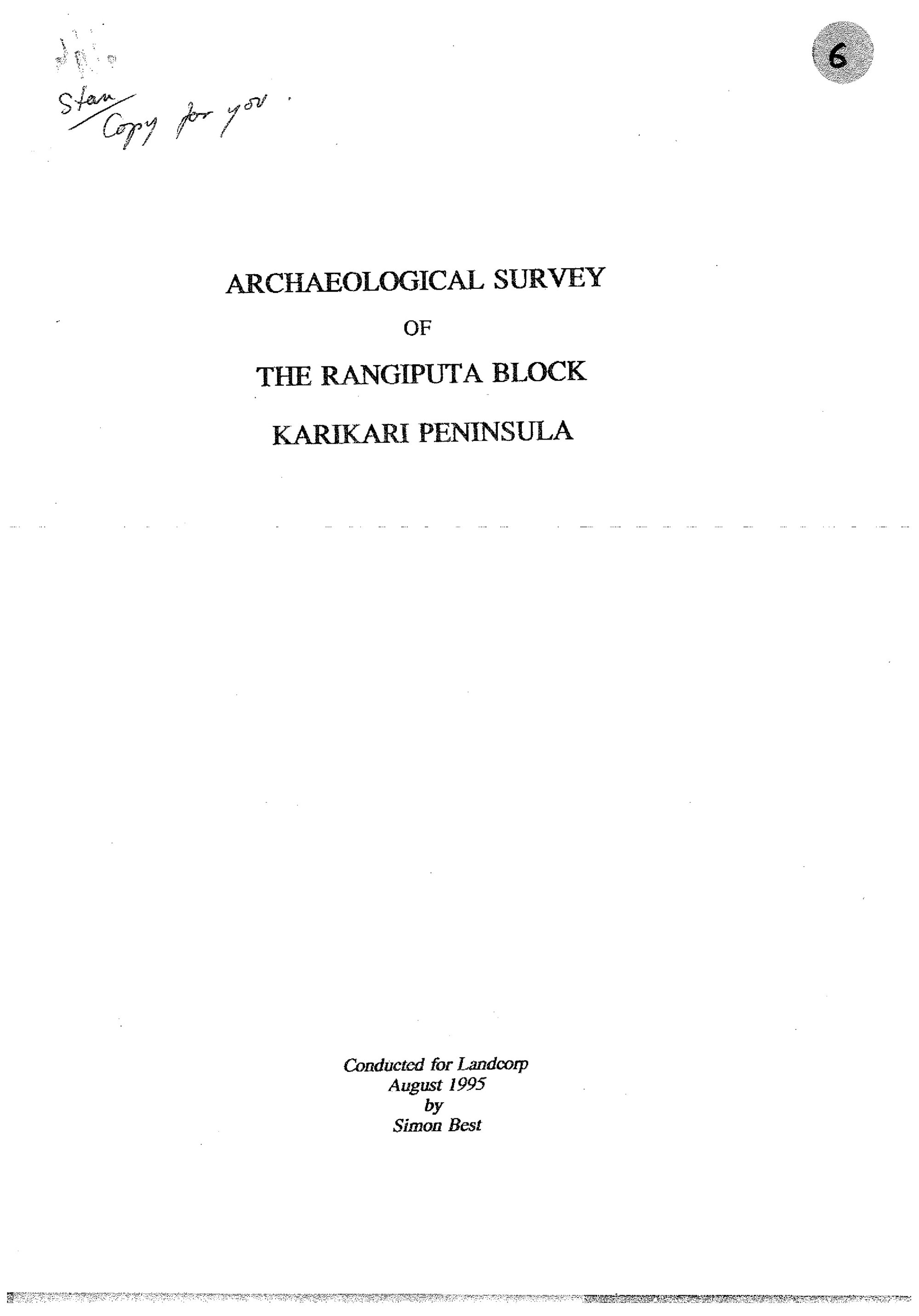 Archaeological Survey of The Rangiputa Block Karikari Peninsula