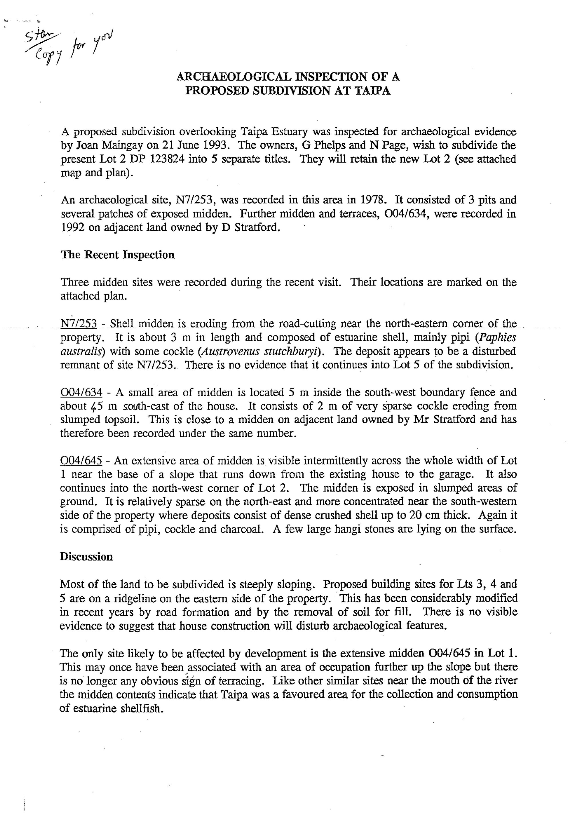 Archaeological Inspection of a Proposed Subdivision at Taipa