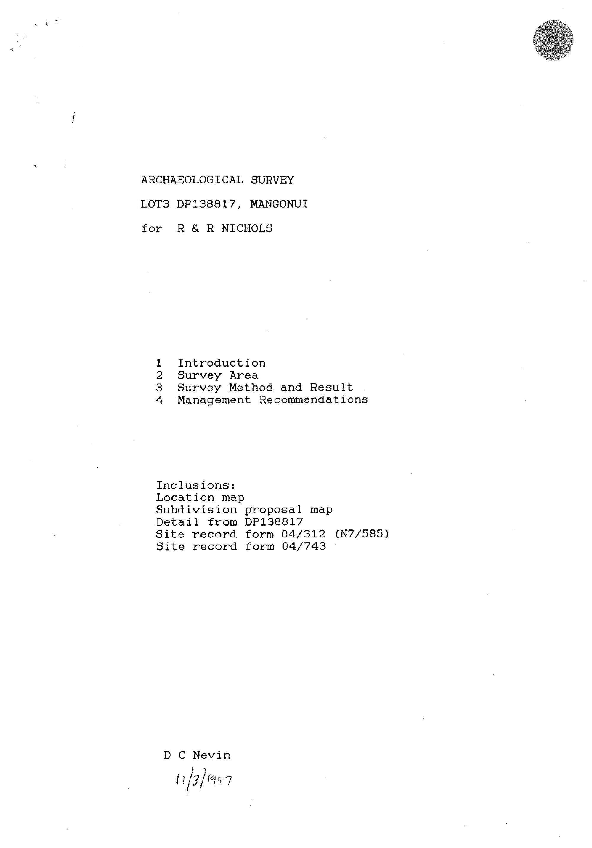 Archaeological Survey Lot3 DP138817 for R &amp; R Nichols