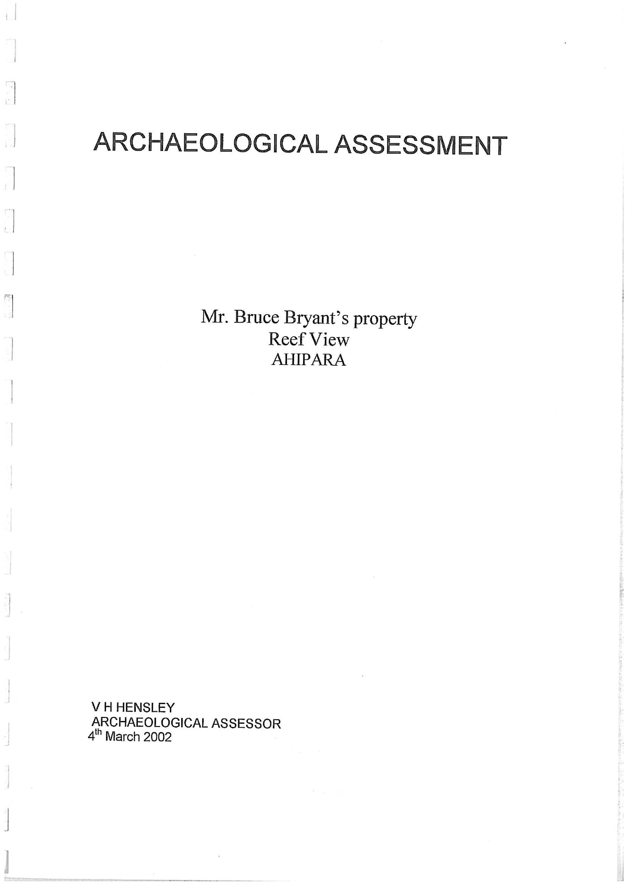 Archaeological Assessment, Mr Bruce Bryant's Property