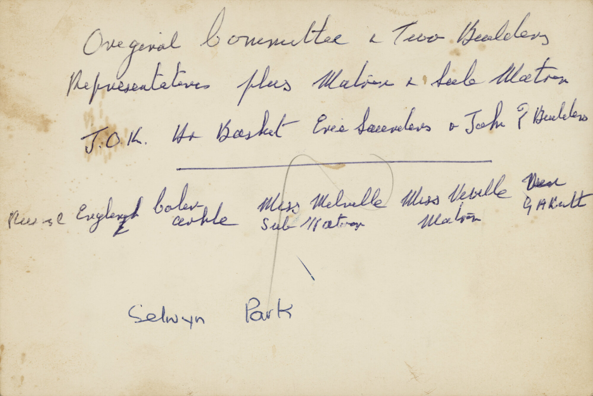 Selwyn Park's Original Committee and Two Builders Representatives (Notes on Back)