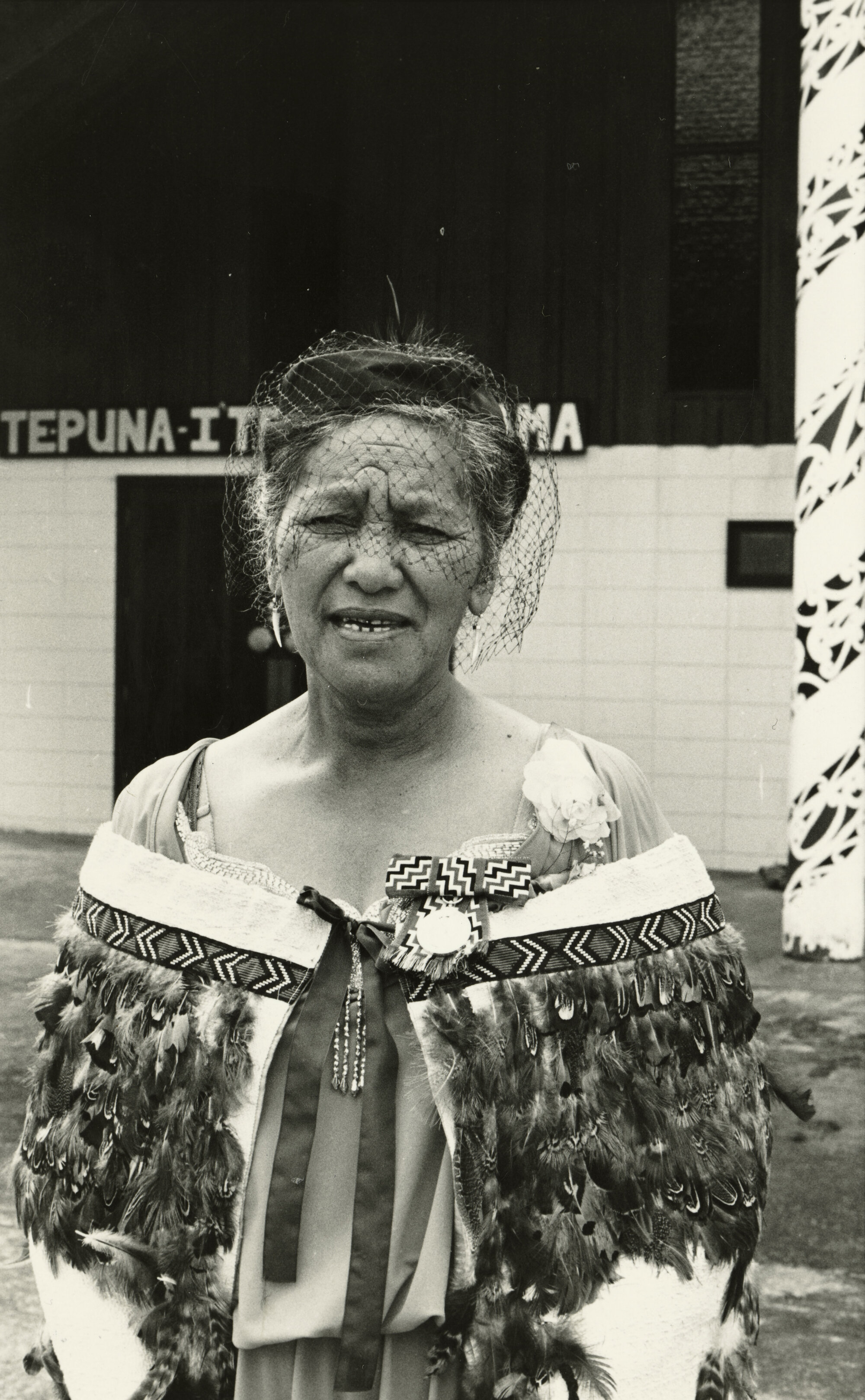 Ani Wihone QSM Wearing her Korowai or Feather Cloak