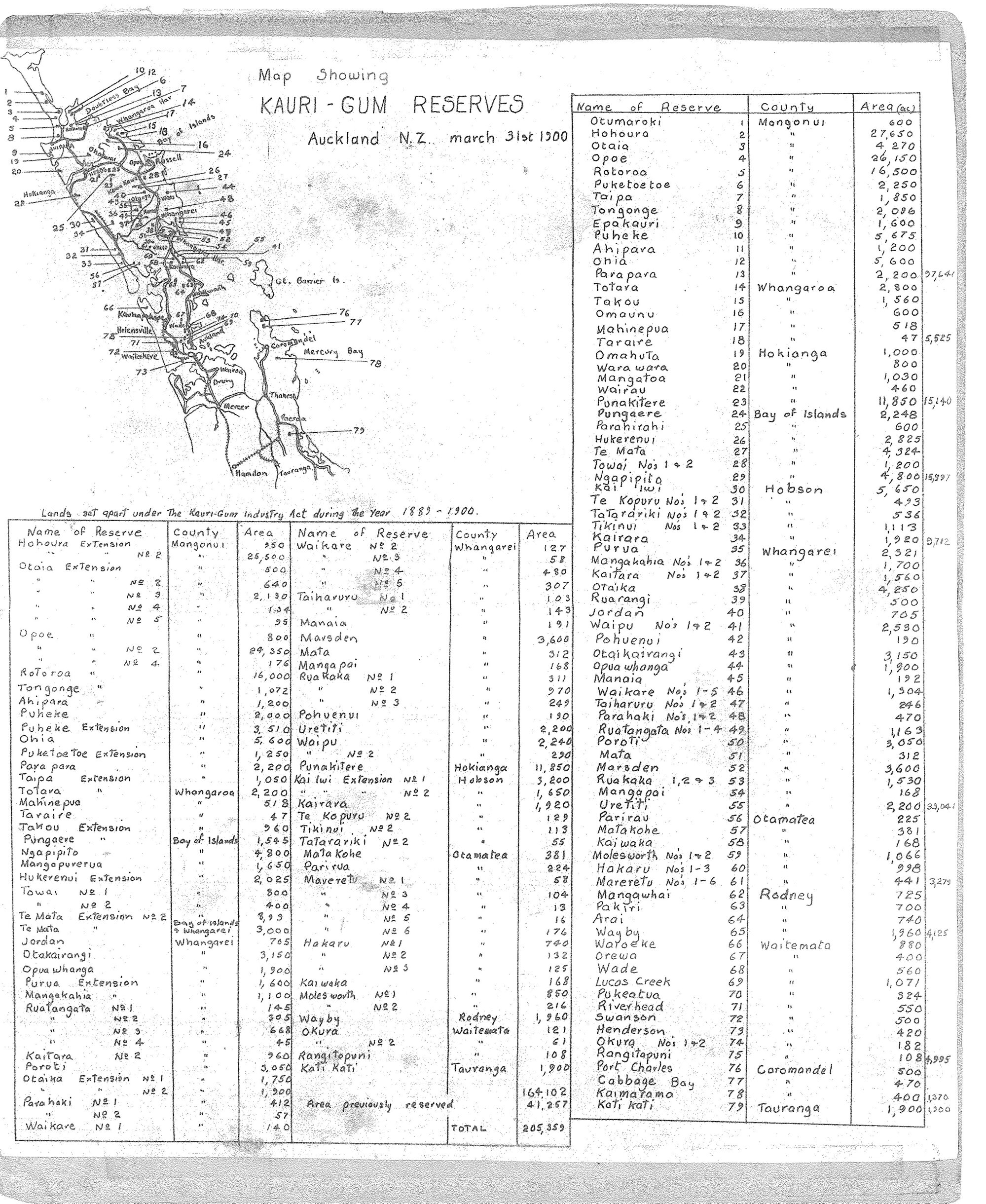 Map showing Kauri Gum Reserves, Auckland N.Z. March 31st 1900 