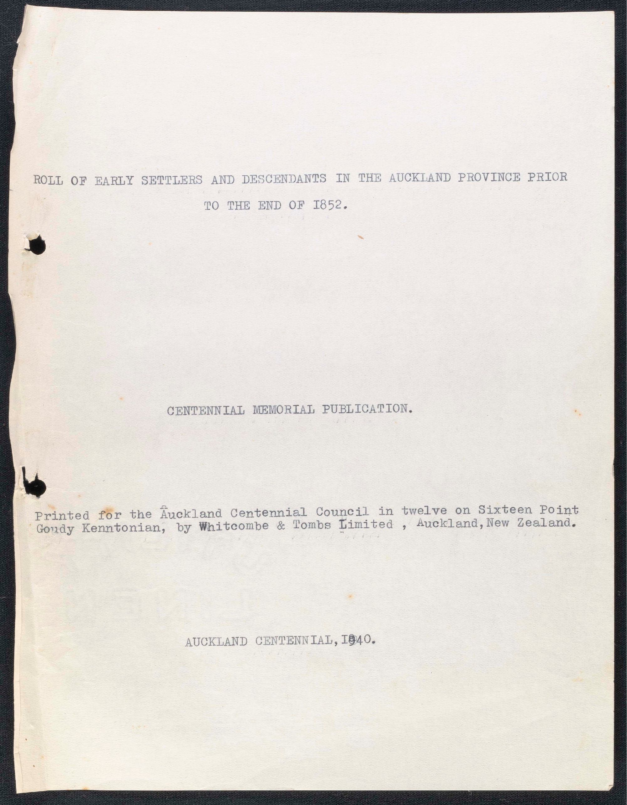Roll of Early Settlers and Descendants in the Auckland Province Prior to the End of 1852