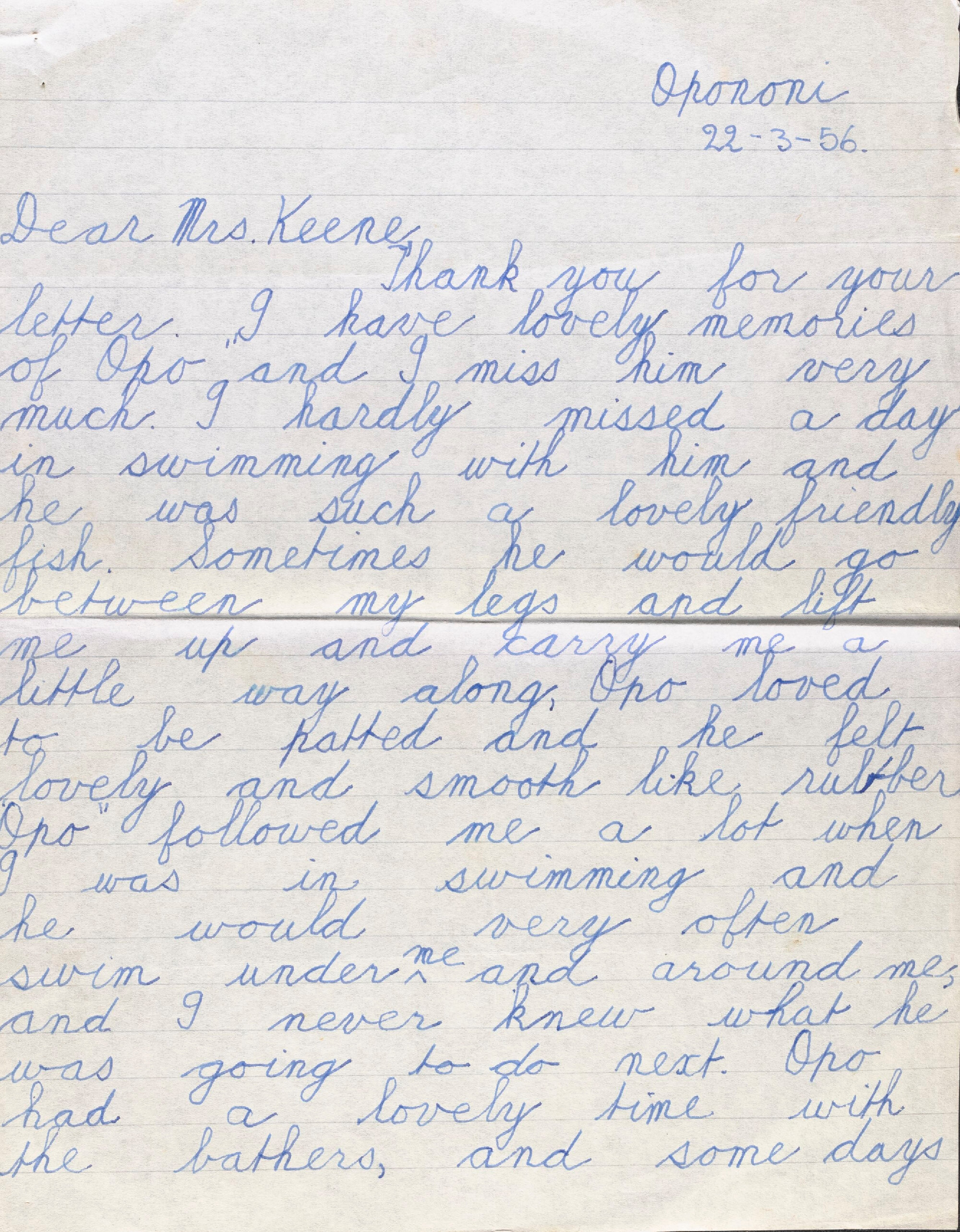 Letter from Jill Baker to Mrs Keene regarding Opo the dolphin