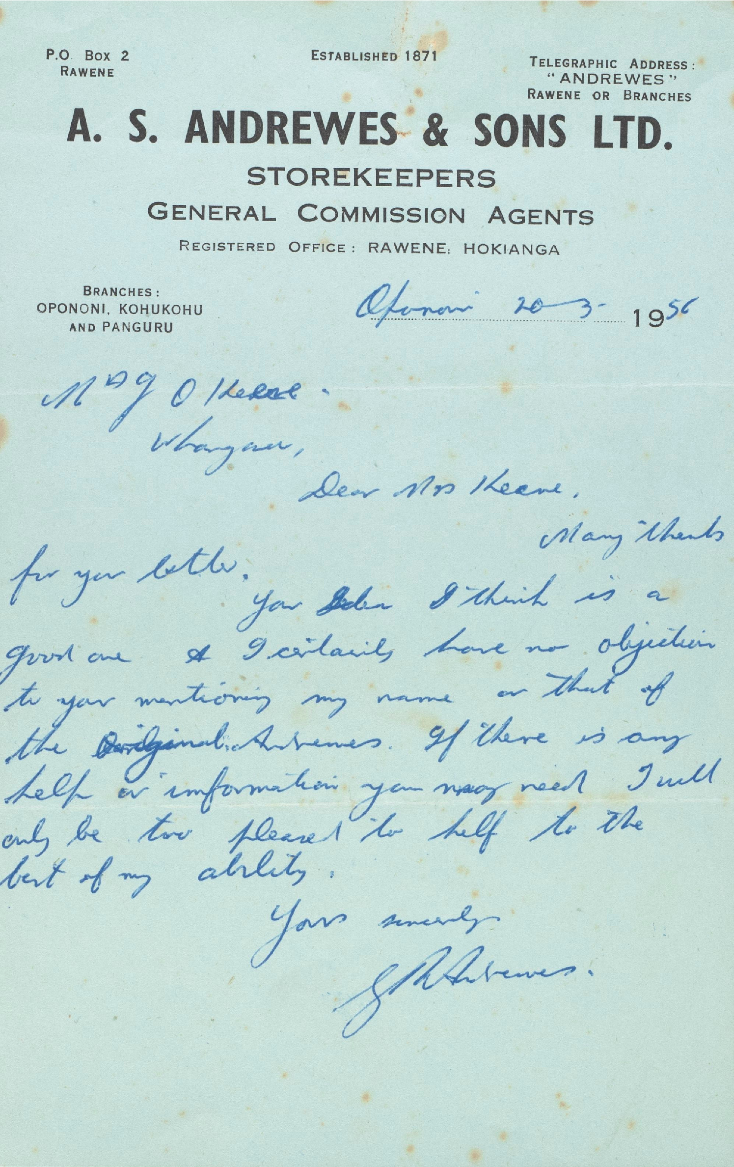 Letter from A. S. Andrewes &amp; Sons Ltd. to Mrs Keene giving permission to mention the name Andrewes