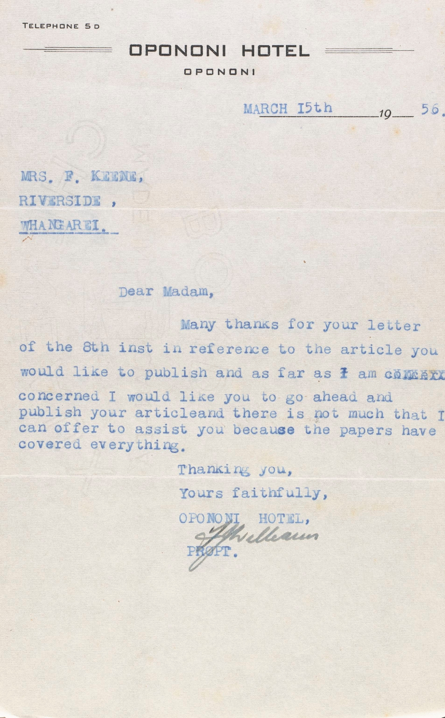 Letter from the Proprietor of the Opononi Hotel to Mrs F. Keene giving permission to publish article