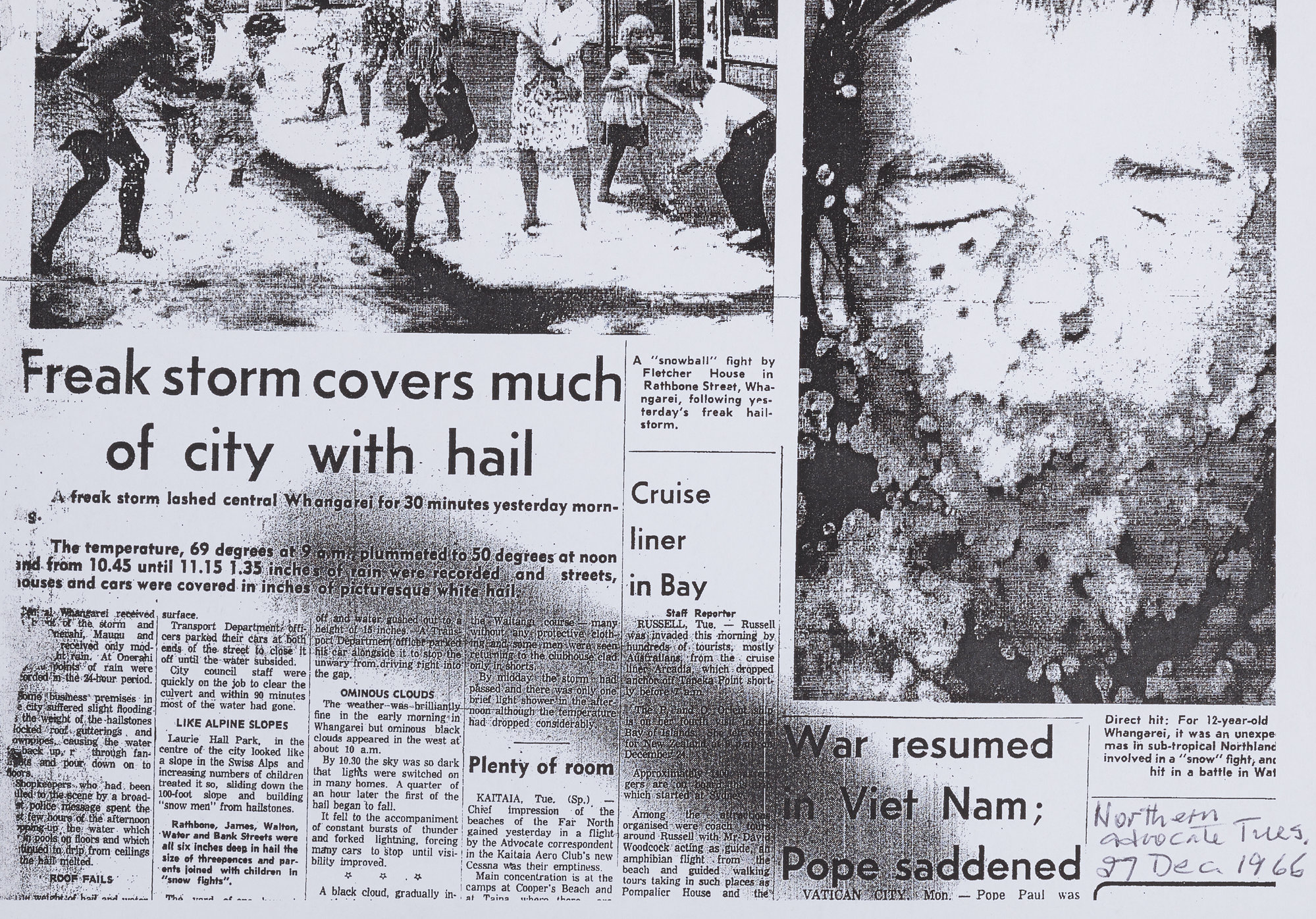 Freak storm covers much of city with hail Northern Advocate clipping 7/12/66