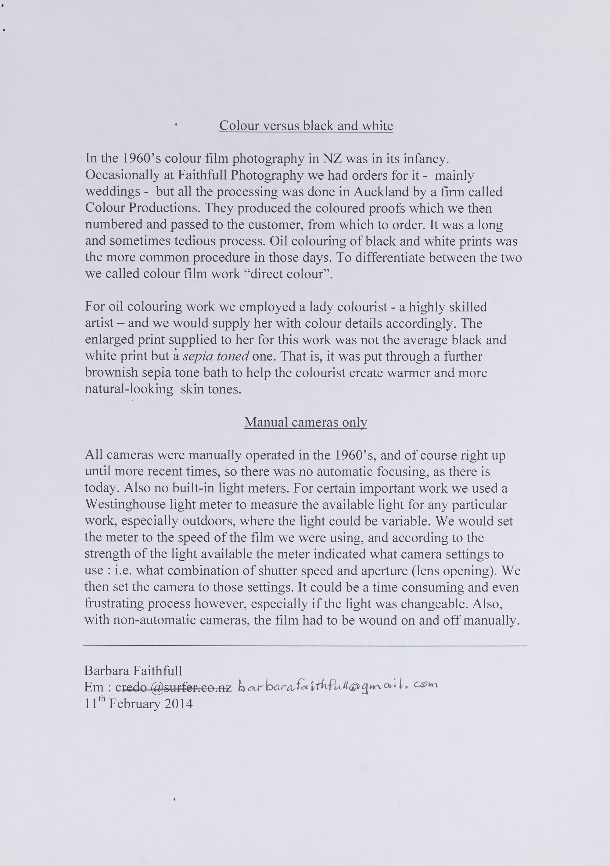 Barbara Faithfull on colour vs black and white and manual cameras 11/2/14