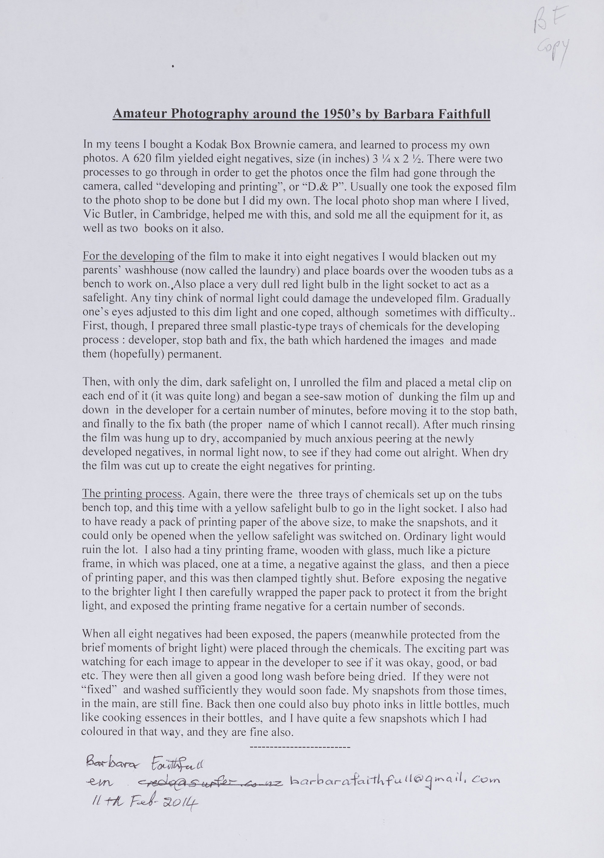 Barbara Faithfull on amateur photography 11/2/14