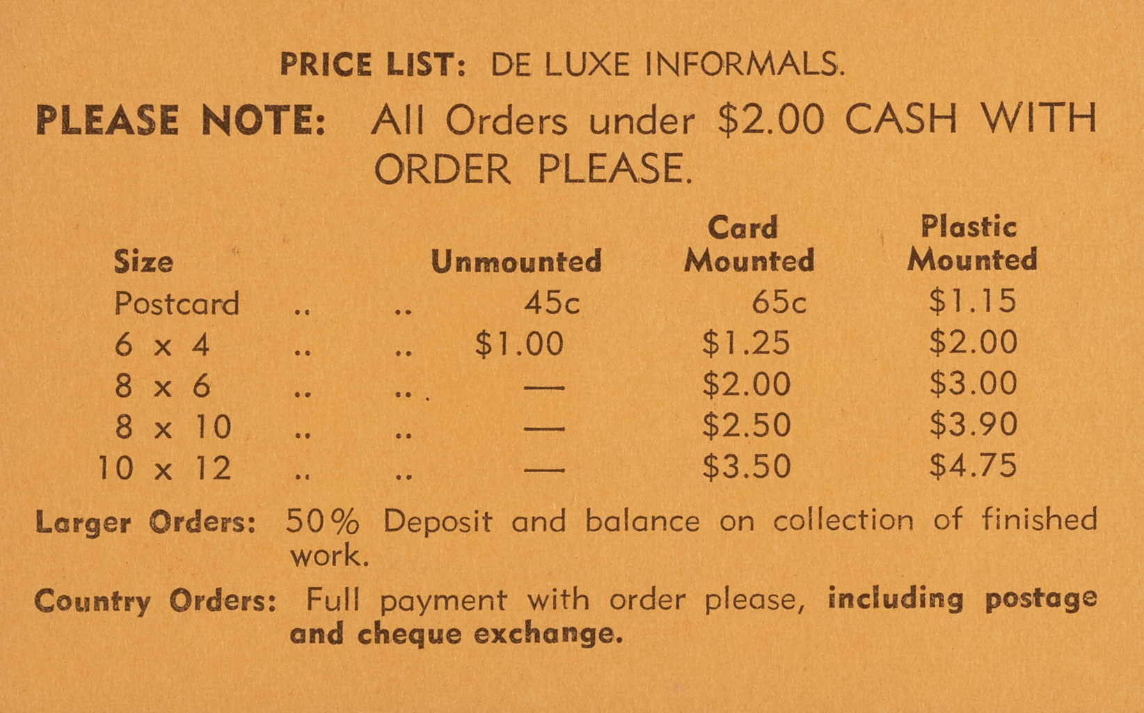 Faithfull Photography business card price list