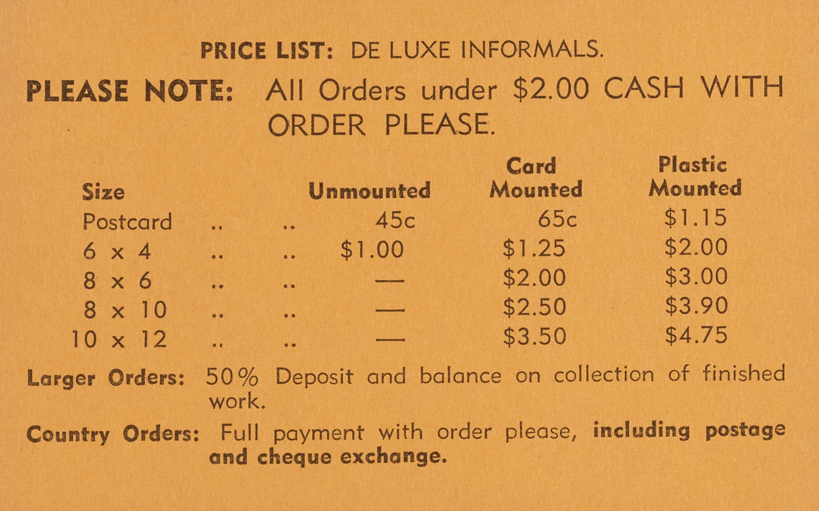 Faithfull Photography business card price list