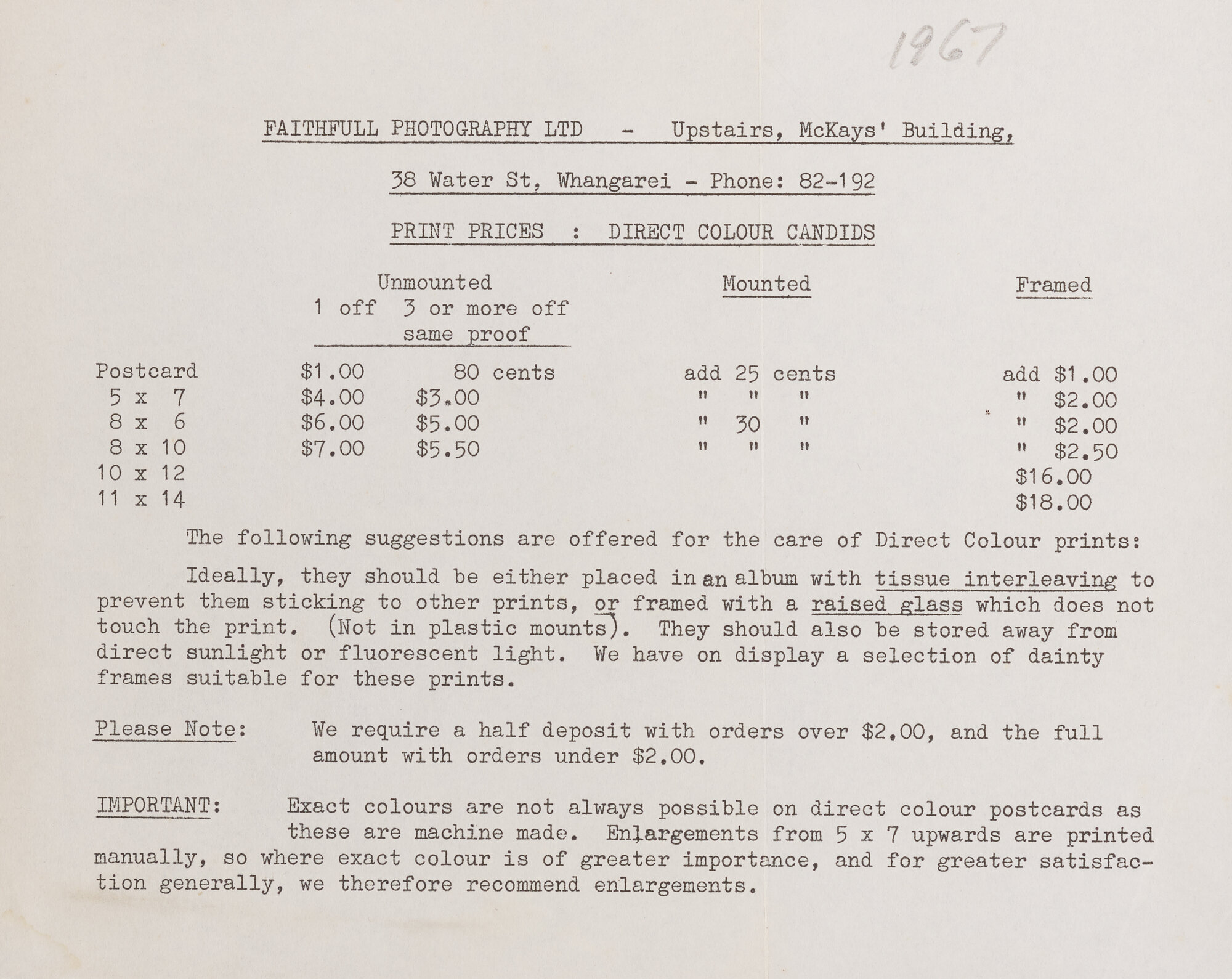 Faithfull Photography price list 1967