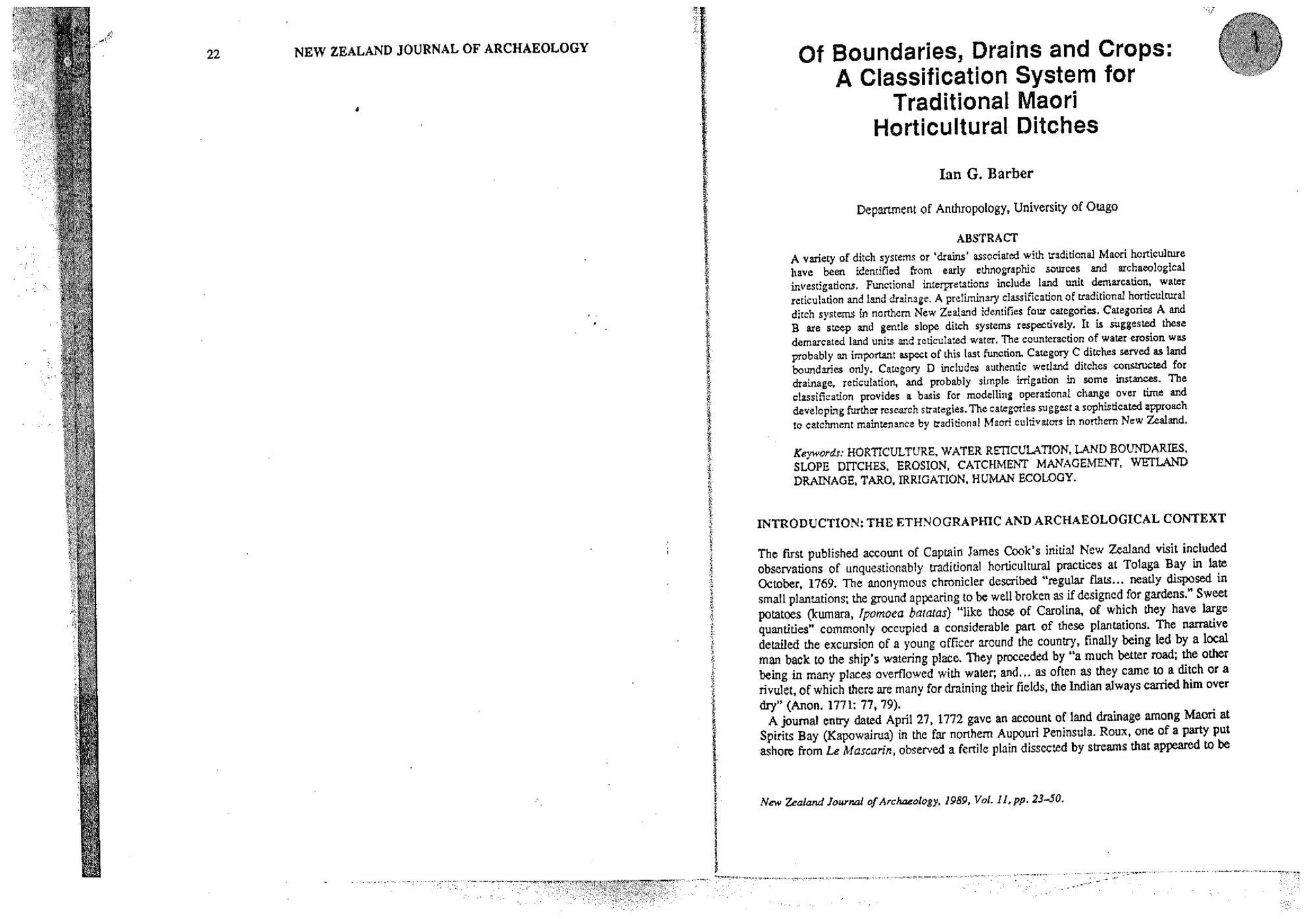 Of Boundaries, Drains and Crops: A Classification System for Traditional Maori Horticultural Ditches