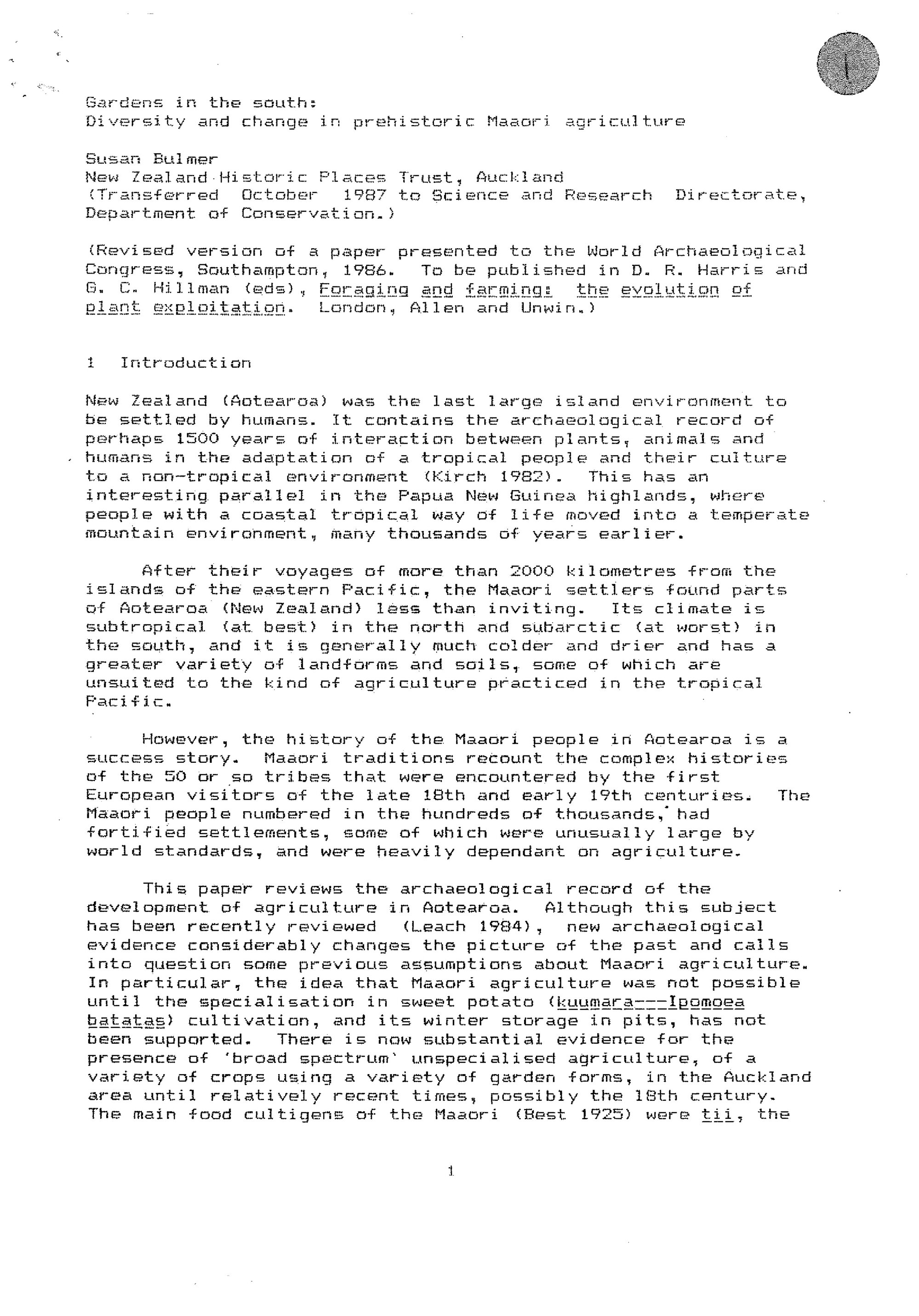 Gardens in the South - Diversity and change in prehistoric Maaori agriculture