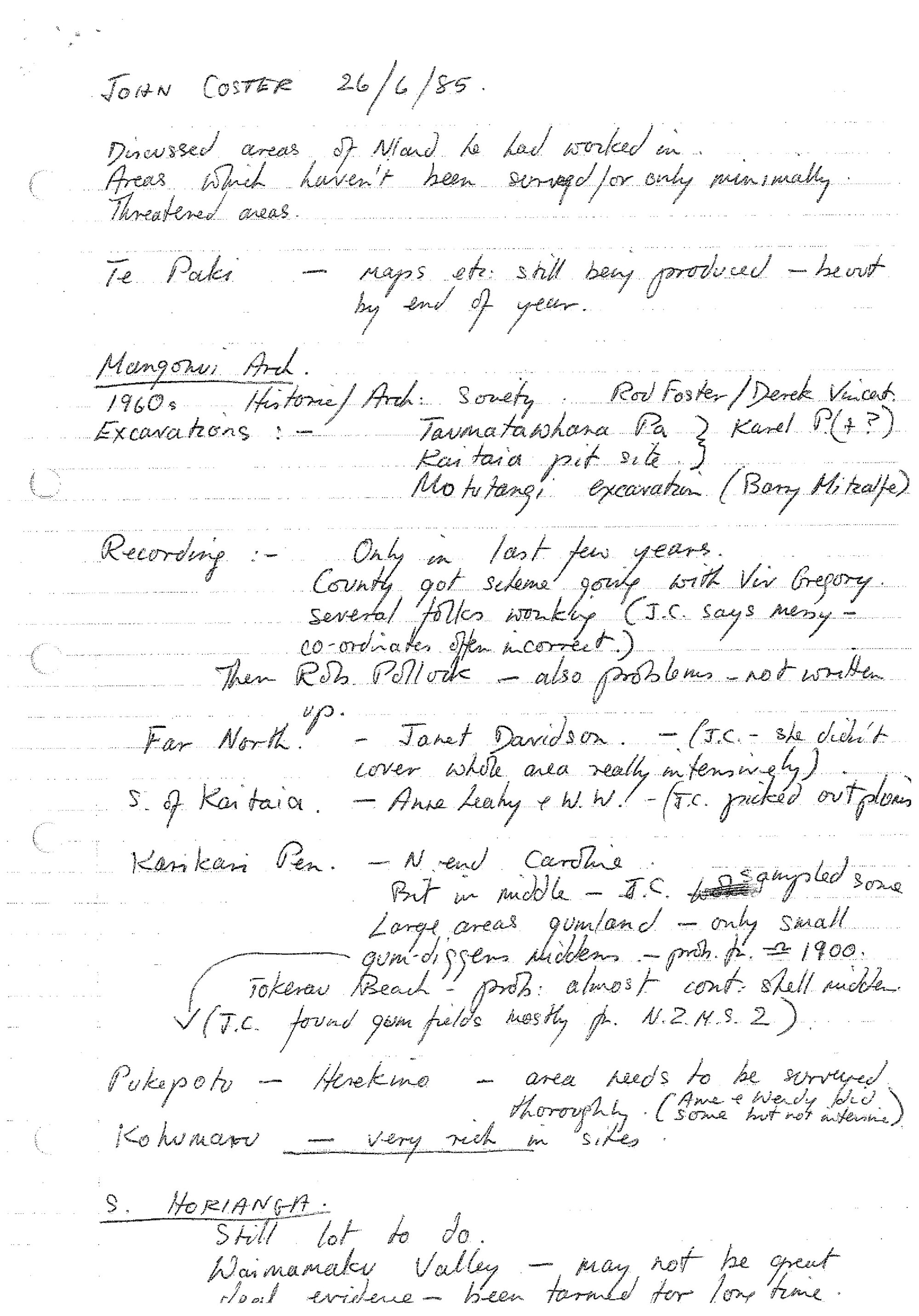 Notes Northland Areas identified by Coster that requiring Archaeological Survey