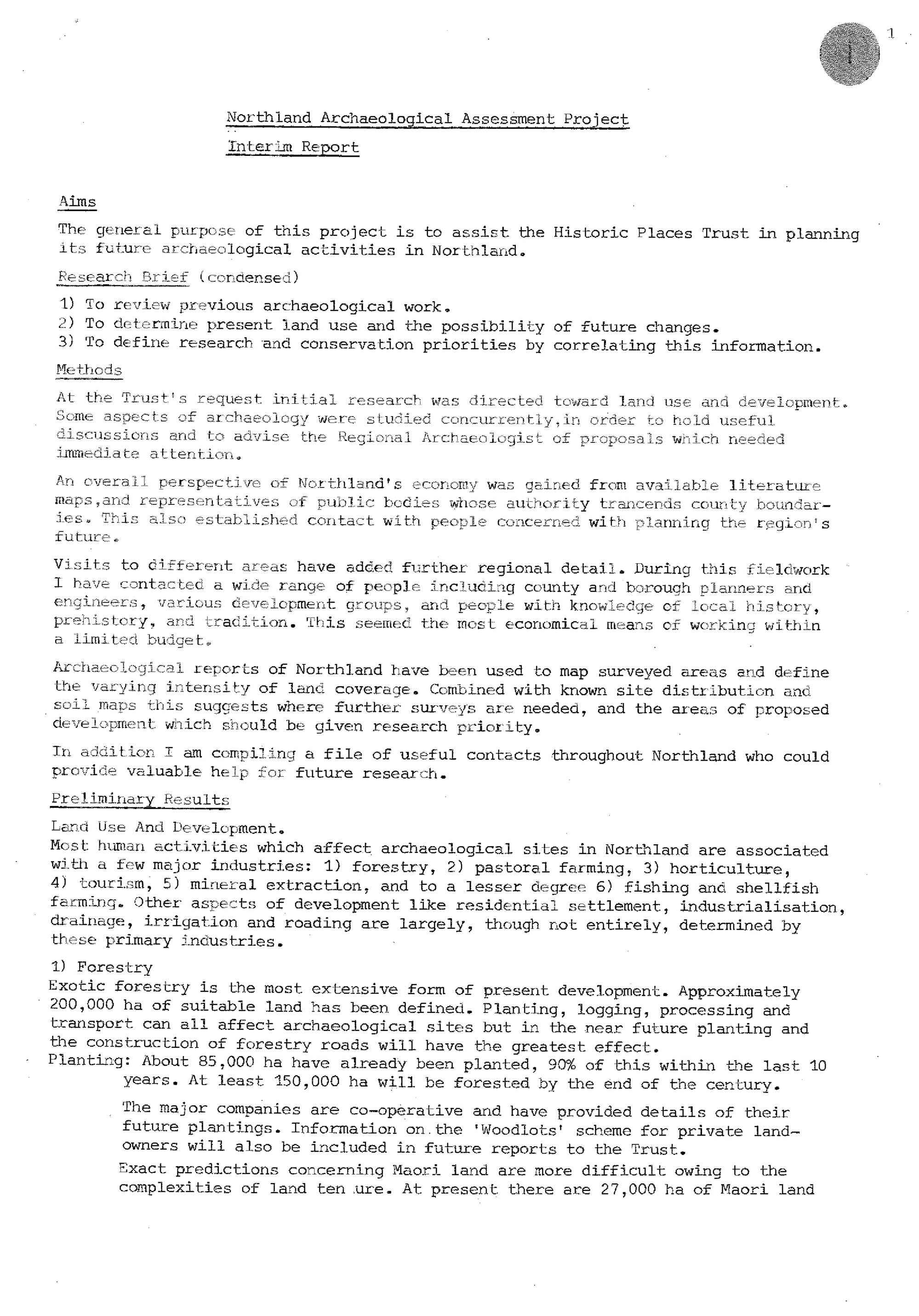 Northland Archaeological Assessment Project, Interim Report