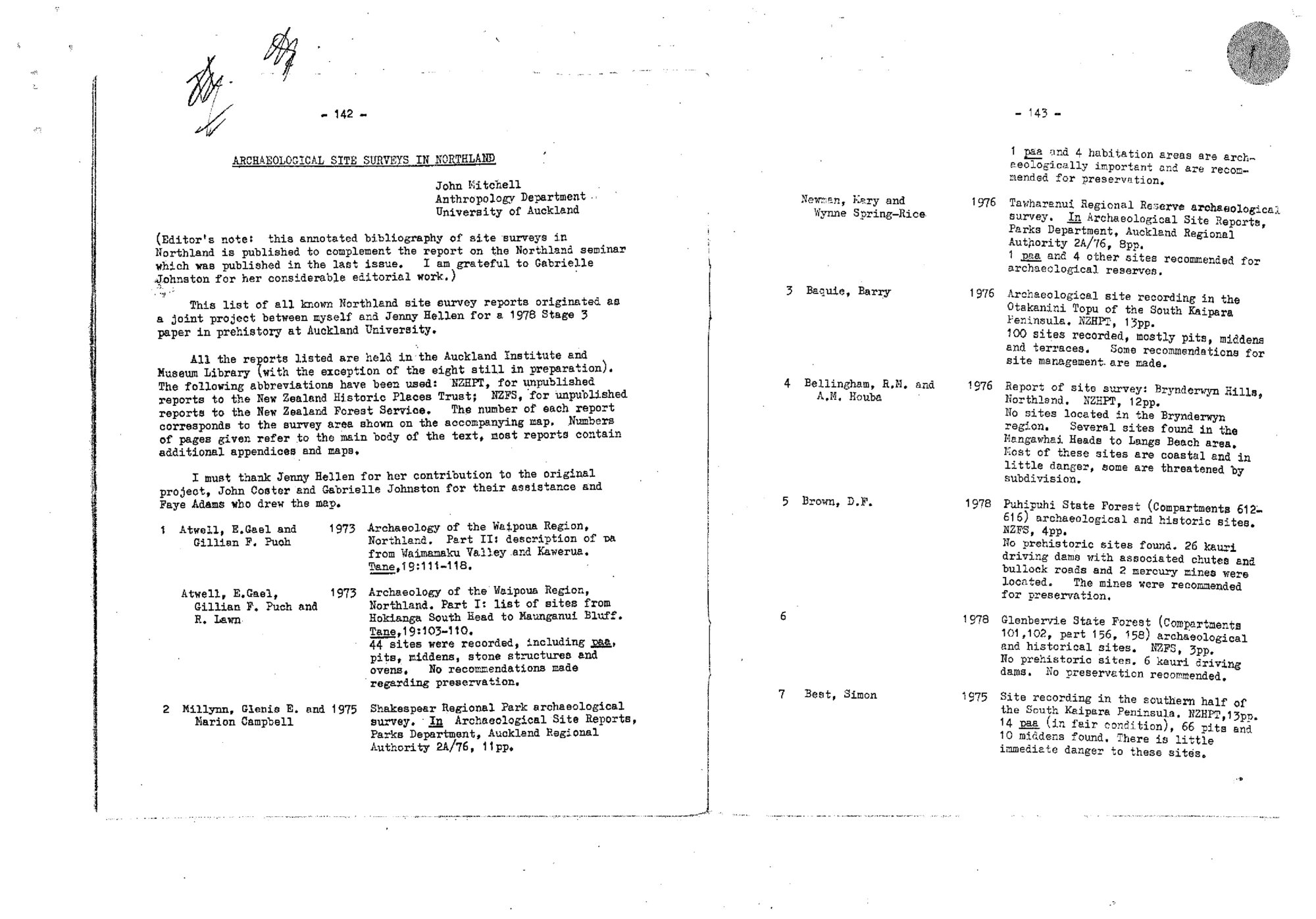 Bibliograph of Site Surveys - Northland