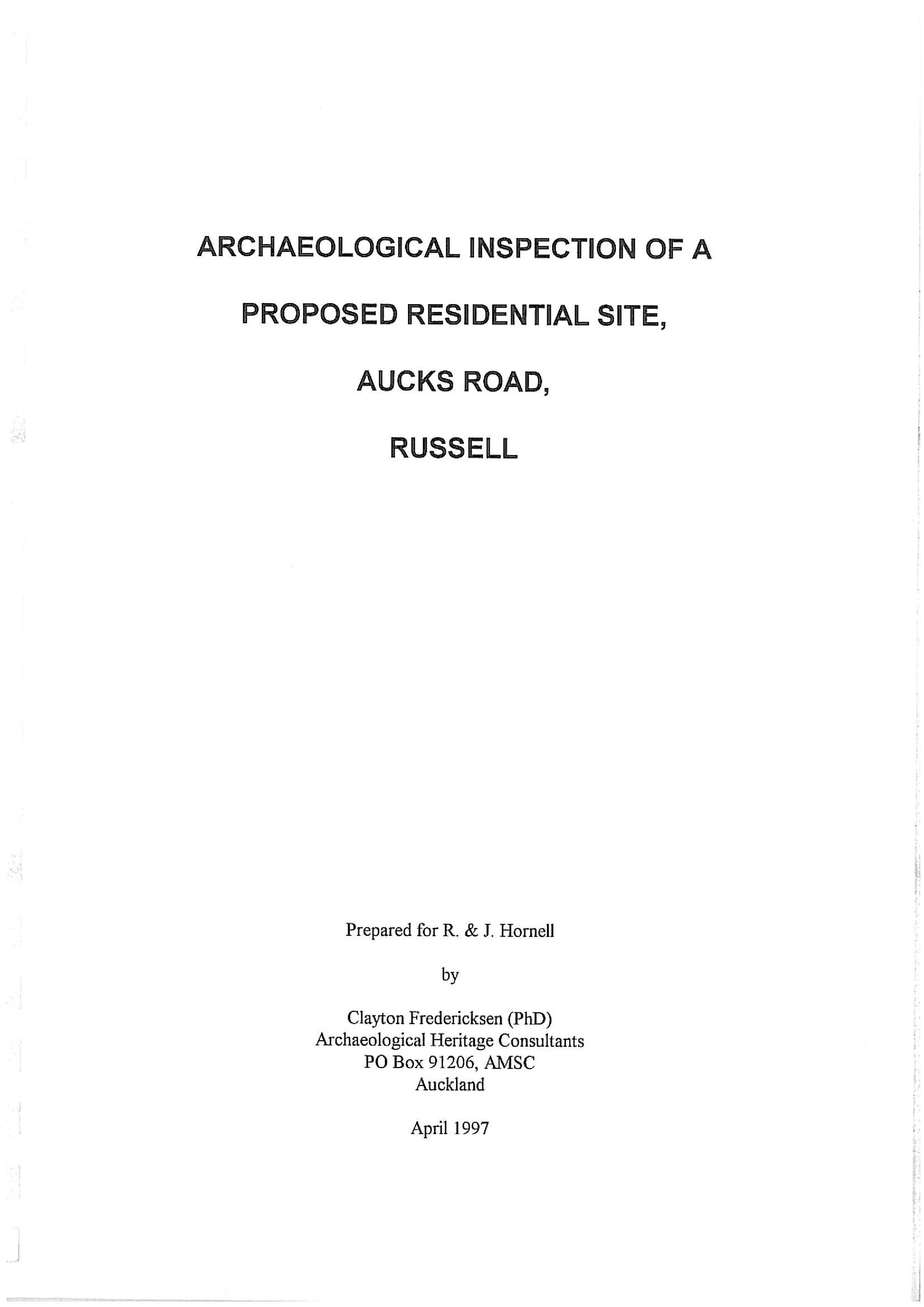 Archaeological Inspection of a Proposed Residential site, Aucks Road, Russell