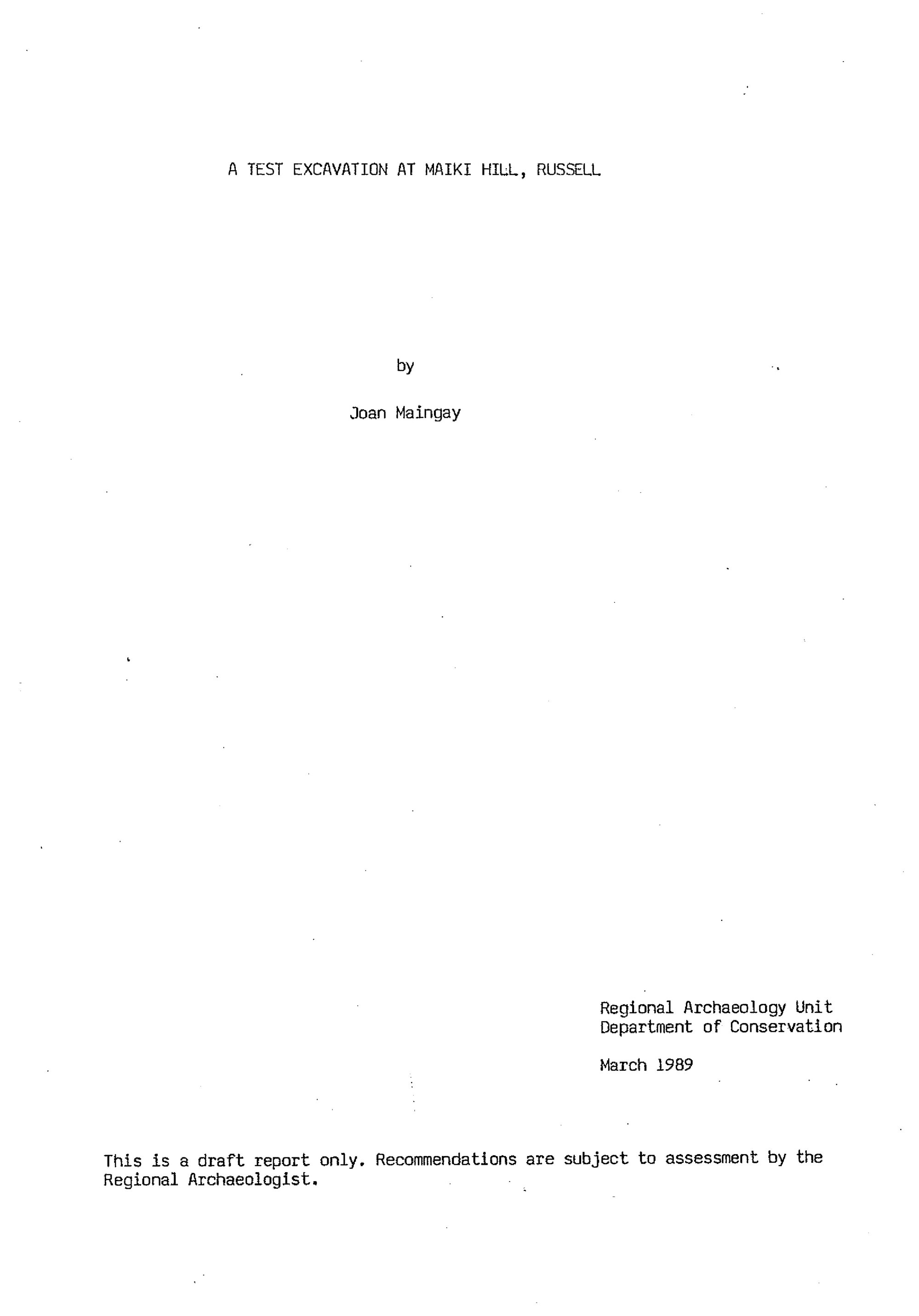 A test excavation at Maiki Hill, Russell