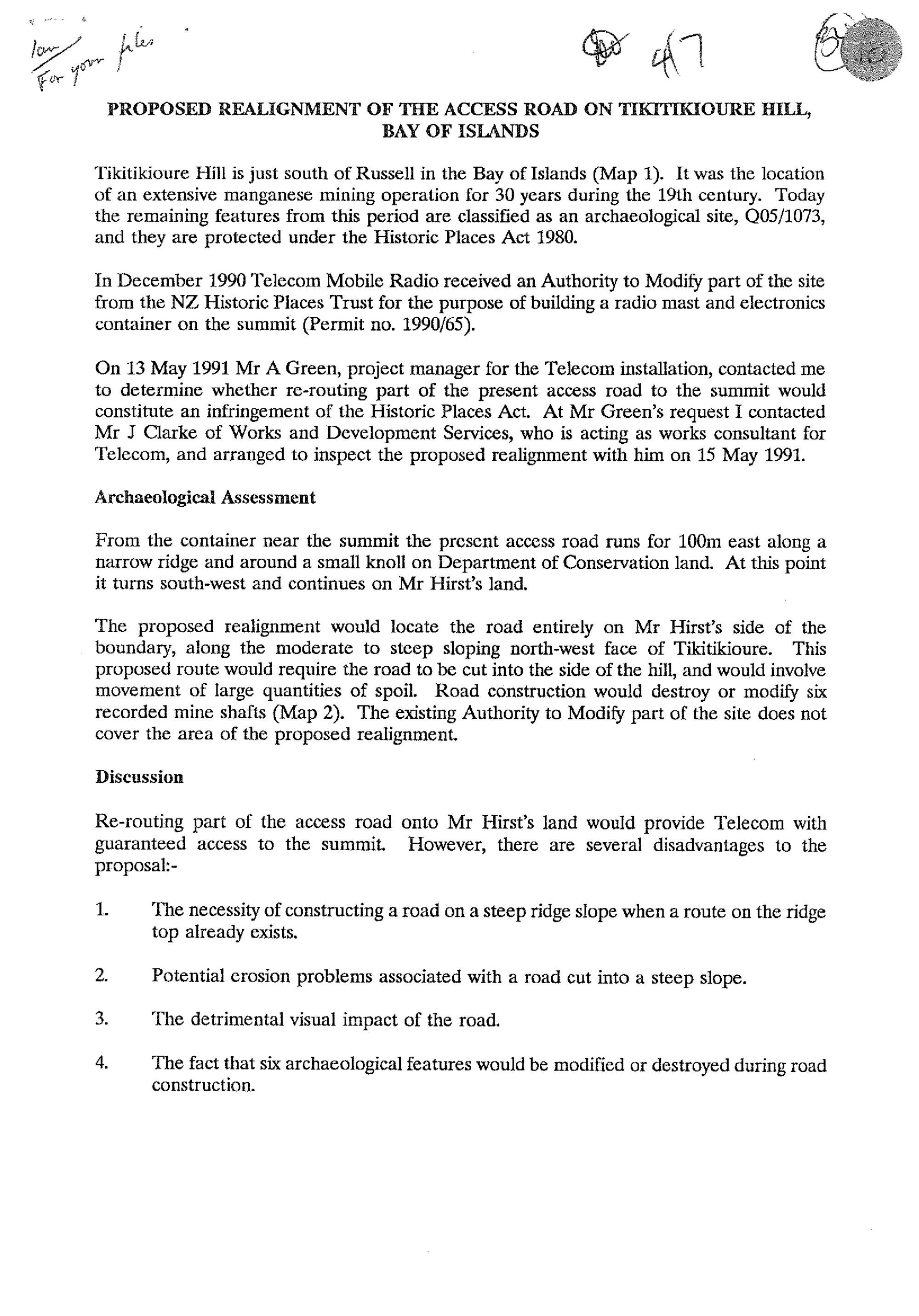 Proposed Realignment of the Access Road on Tikitikioure Hill, Bay of Islands