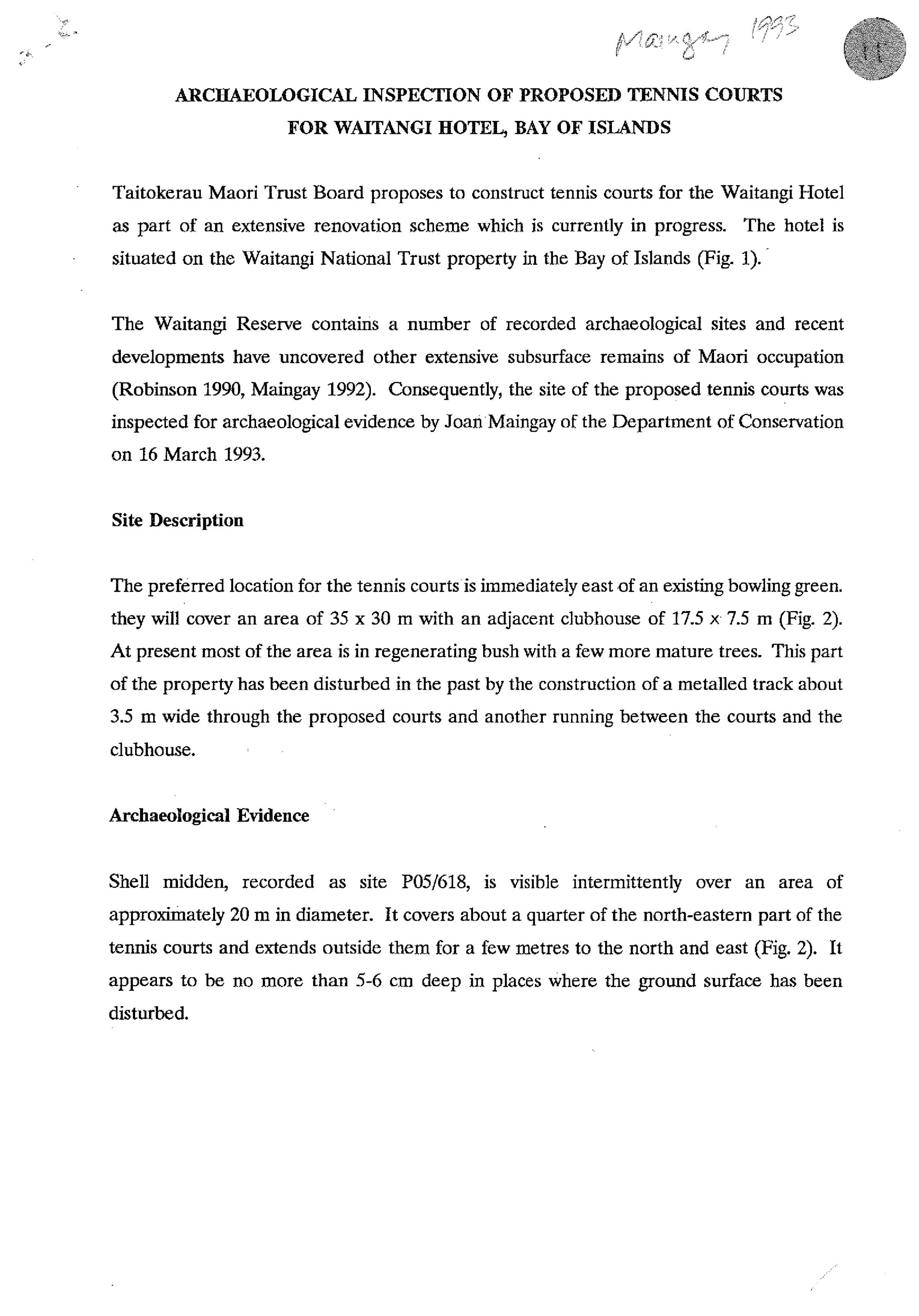 Archaeological Inspection of Proposed Tennis Courts for Waitangi Hotel, Bay of Islands