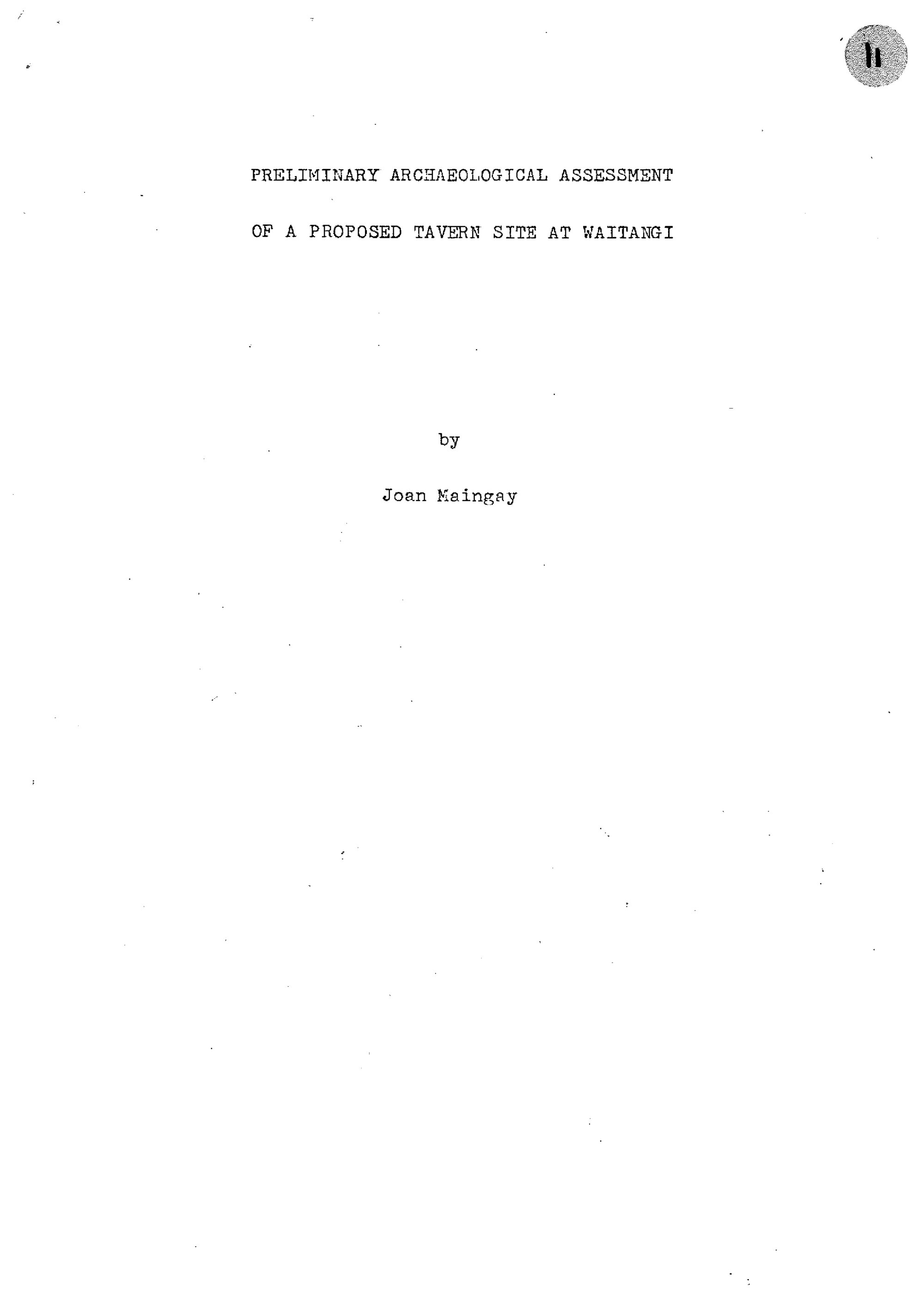 Preliminary Archaeological Assessment of a Proposed Tavern Site at Waitangi