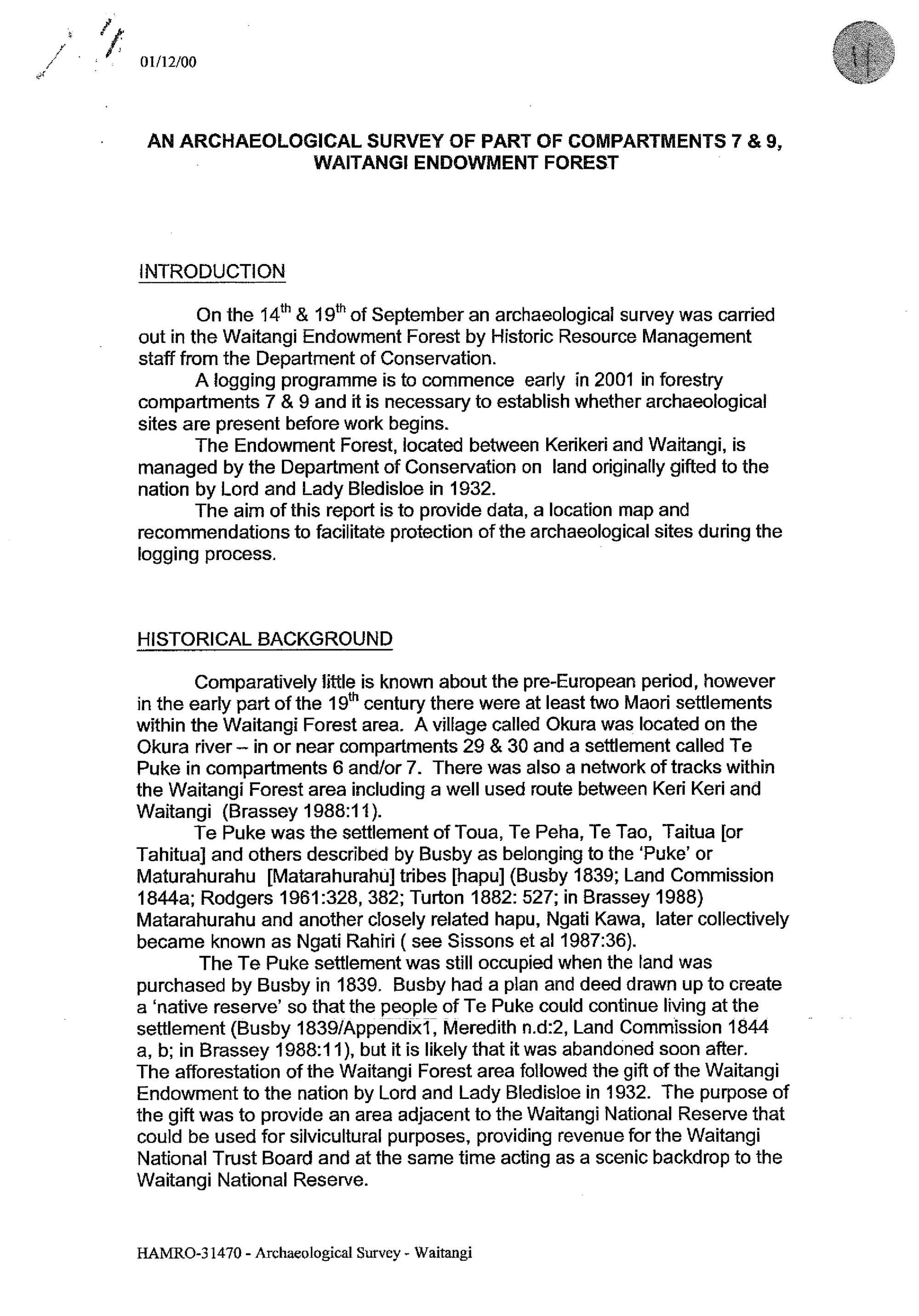 An Archaeological Survey of Part of Compartments 7 - 9, Waitangi Endowment Forest