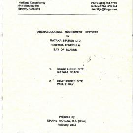 Archaeological assessment reports. Beach Lodge site, Mataka Beach, Boathouses site, Whale Bay