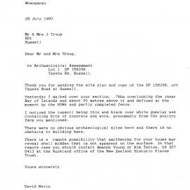 Correspondence re Archaeological assessment, Lot 1 DP 158298, Tapeka Rd, Russell
